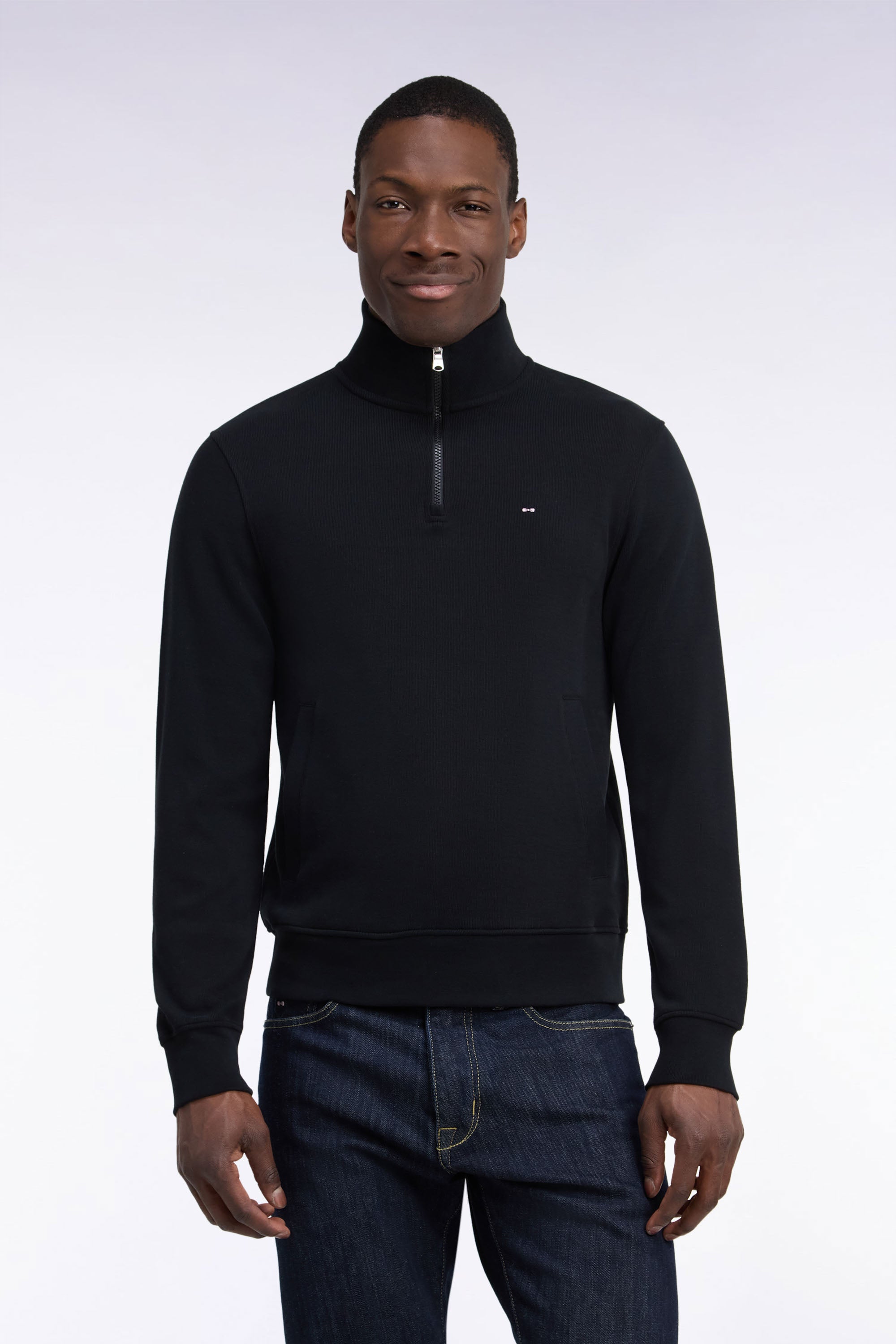 Sweatshirt col camionneur en molleton coton noir coupe droite