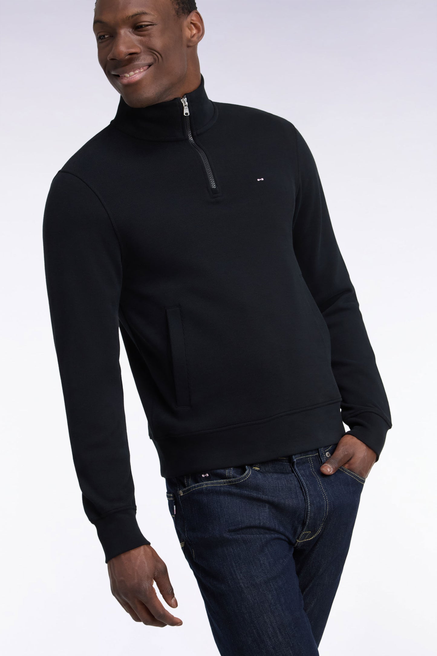 Sweatshirt col camionneur en molleton coton noir coupe droite