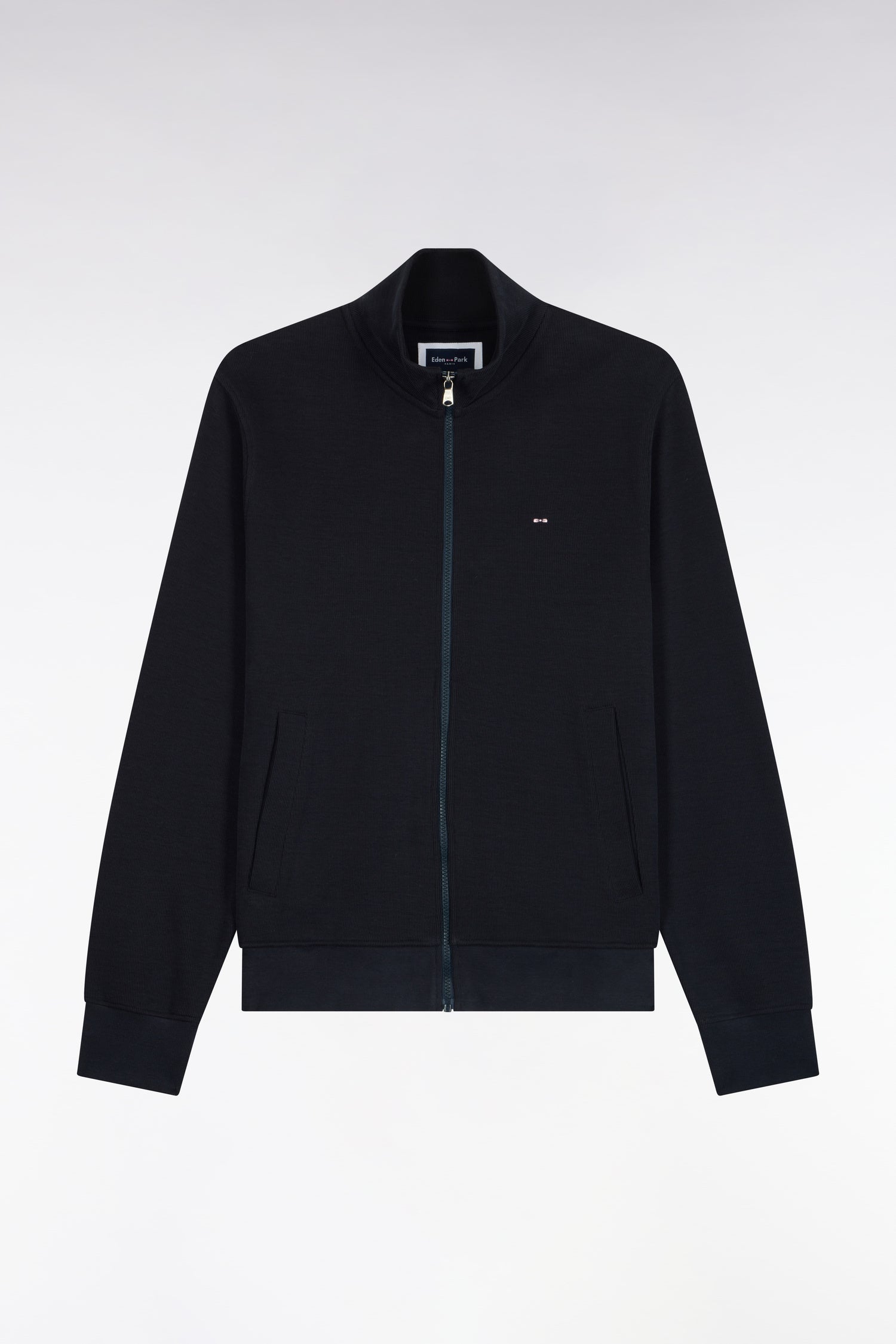 Sweatshirt zippé en molleton coton marine coupe droite
