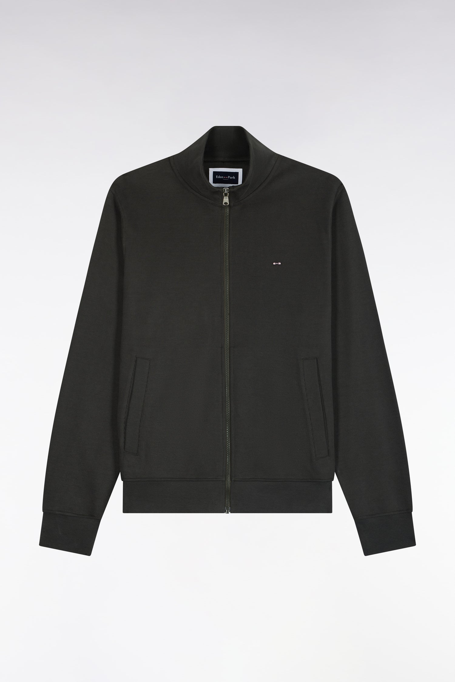 Sweatshirt zippé en molleton coton kaki coupe droite
