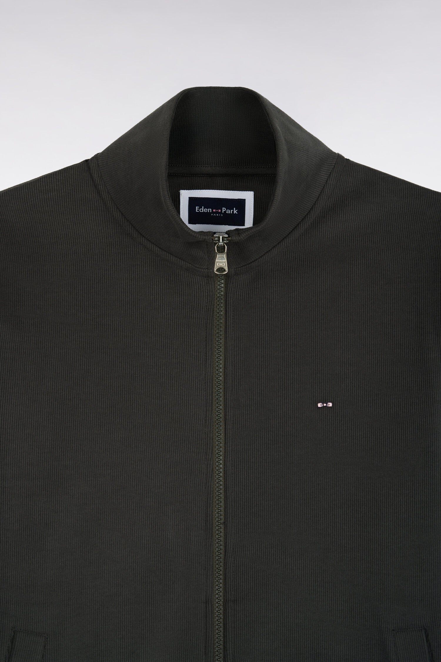 Sweatshirt zippé en molleton coton kaki coupe droite