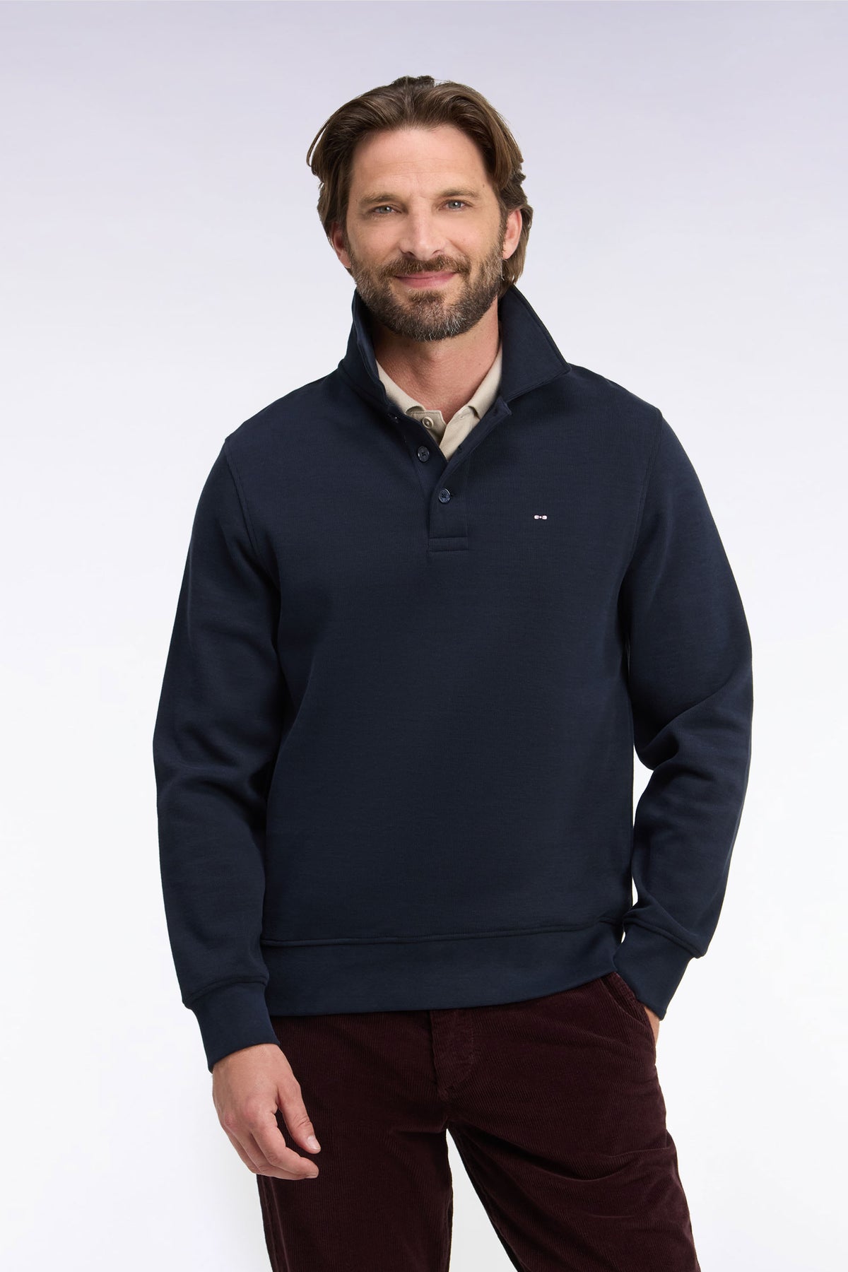 Straight cut navy cotton polo collar sweatshirt