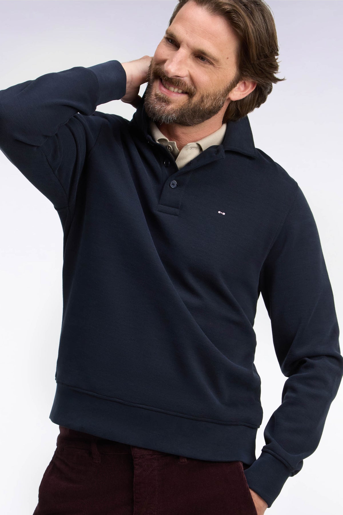 Straight cut navy cotton polo collar sweatshirt