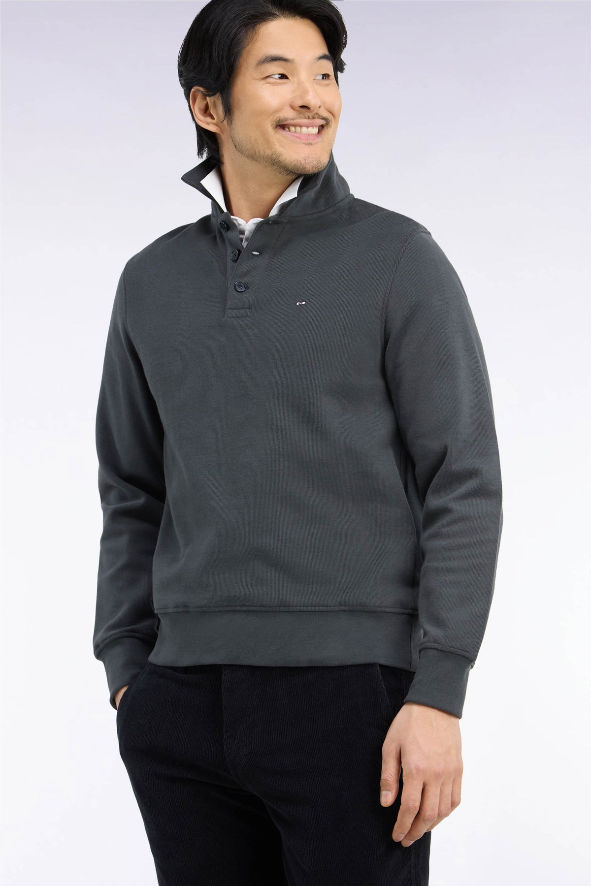 Sweatshirt col polo en coton kaki coupe droite