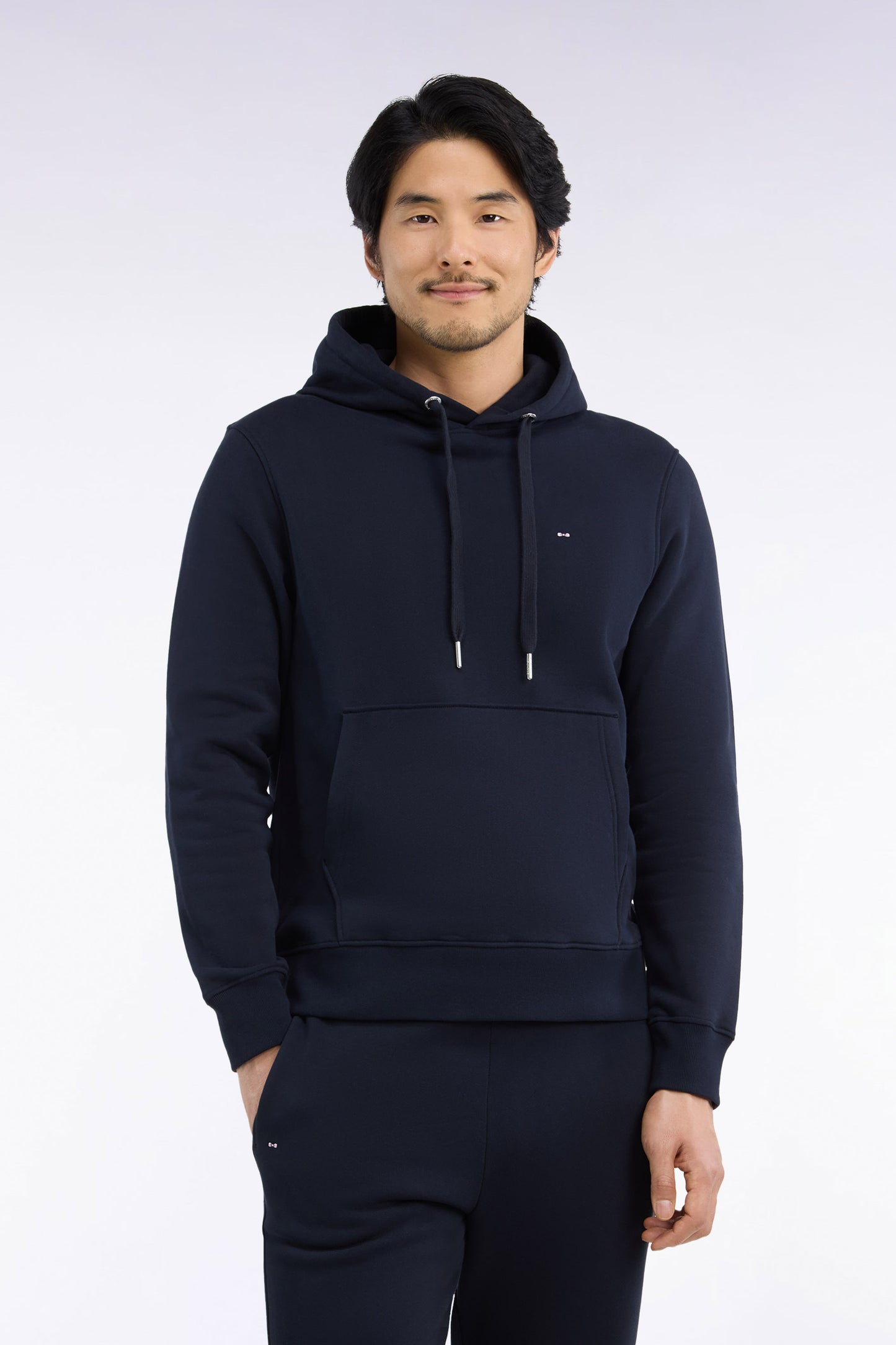Sweatshirt à capuche en molleton coton marine coupe droite