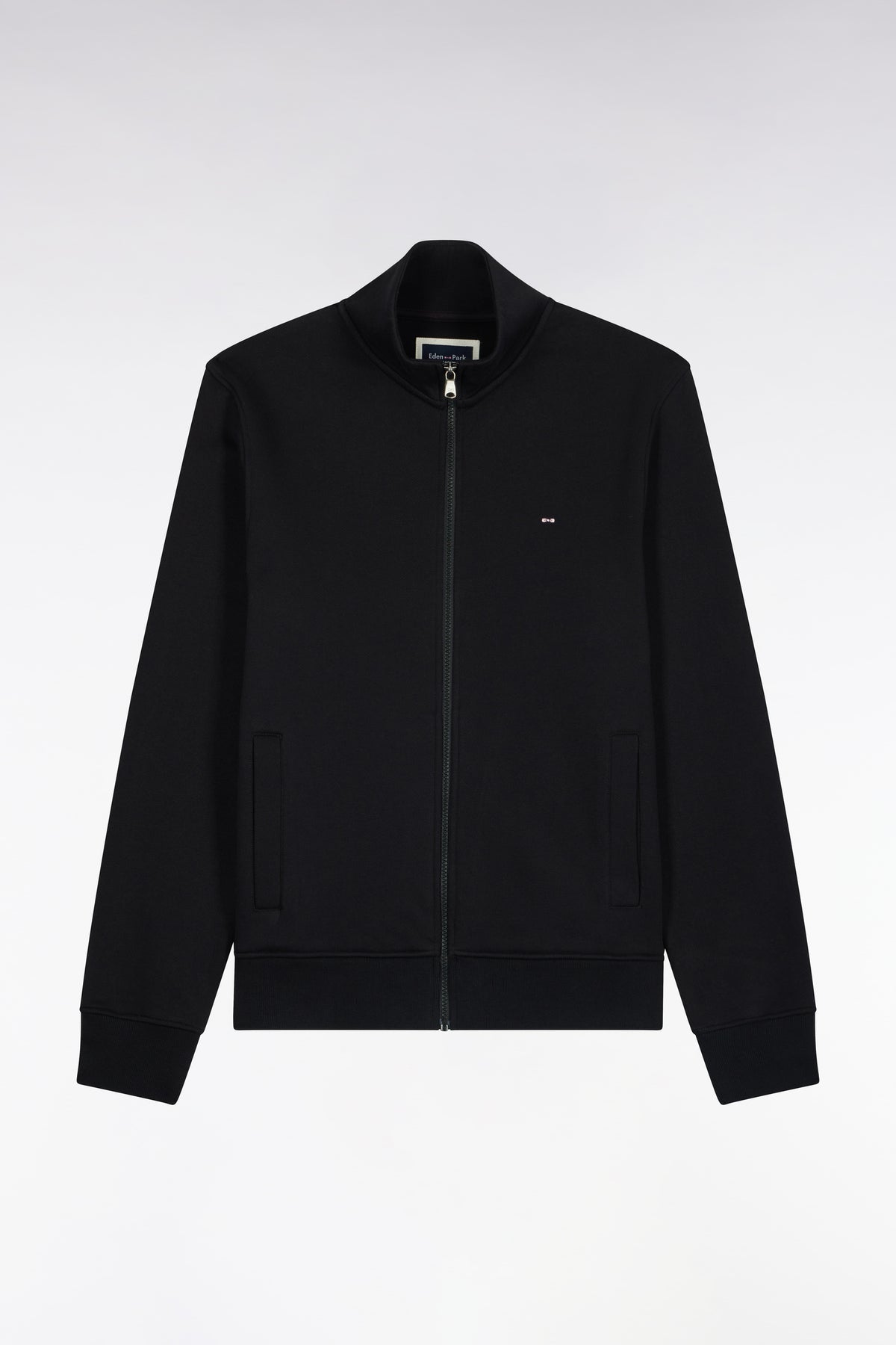 Straight cut black cotton trucker neck zipped sweatshirt