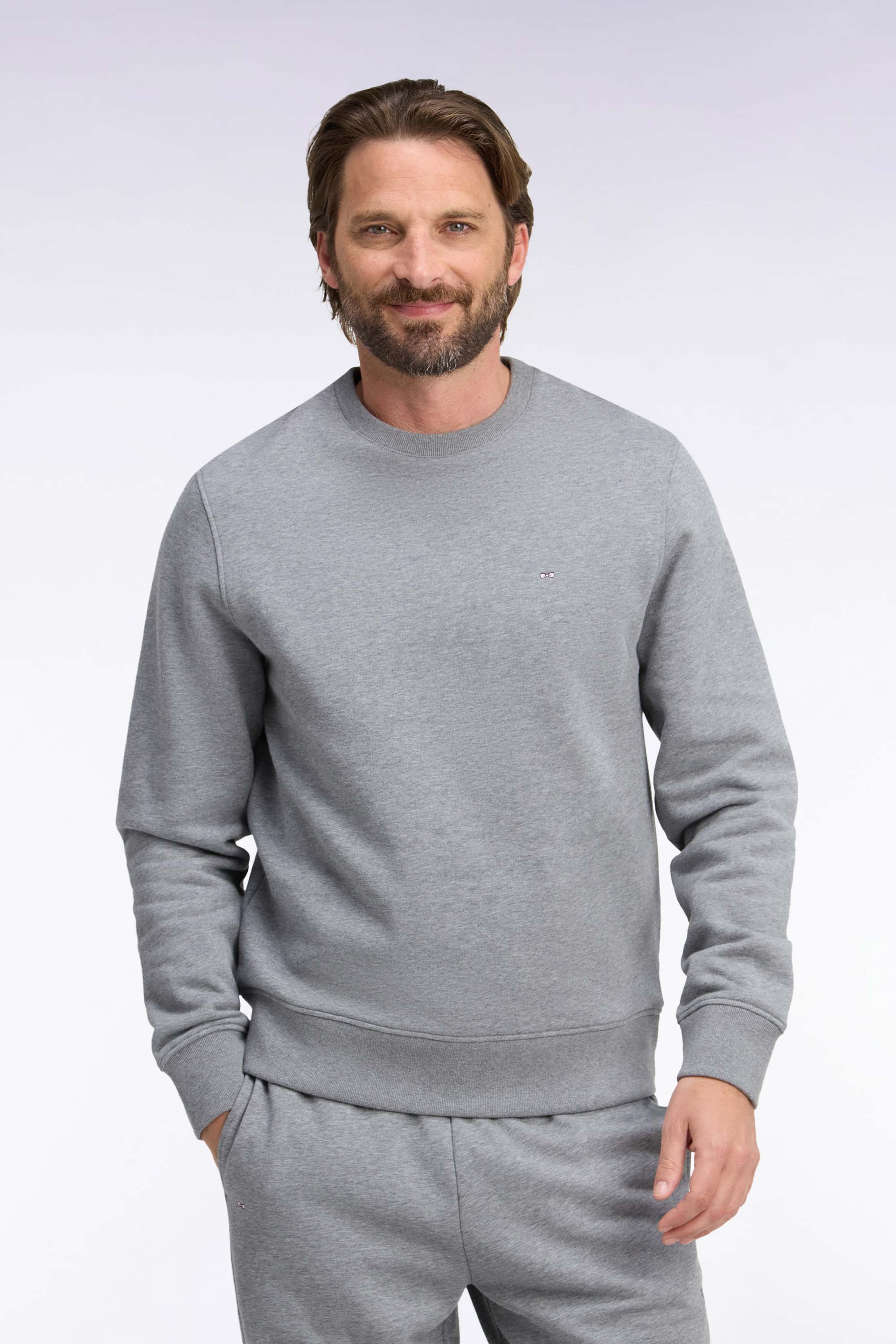 Sweatshirt col rond en molleton coton gris coupe droite