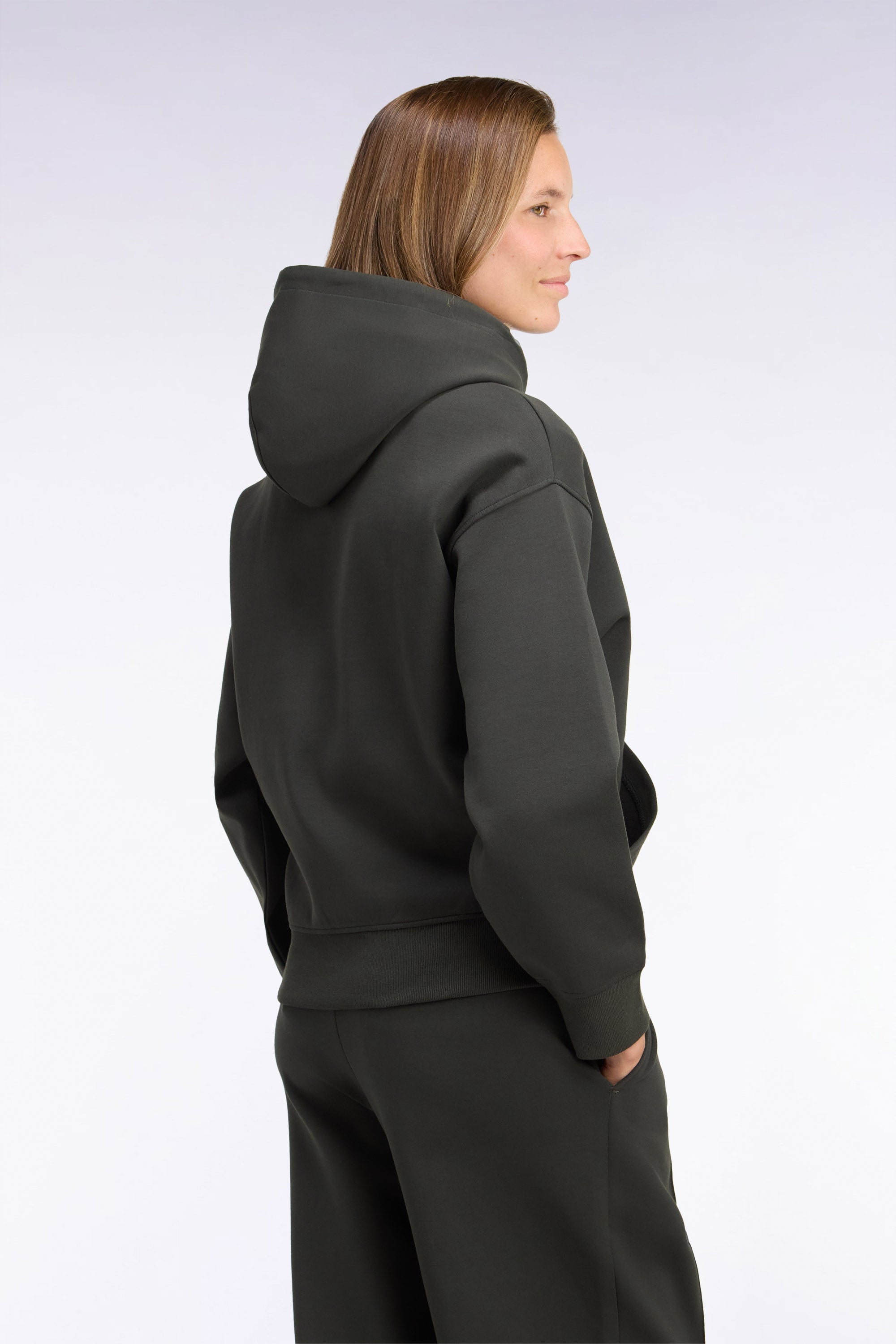 Sweatshirt à capuche unisexe en interlock kaki coupe loose