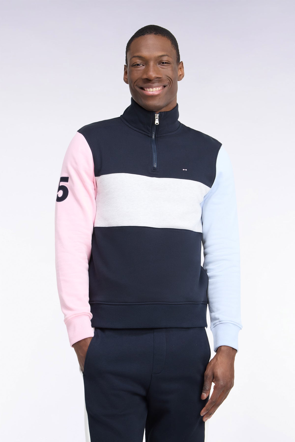 Sweatshirt col camionneur en coton marine à découpes coupe droite