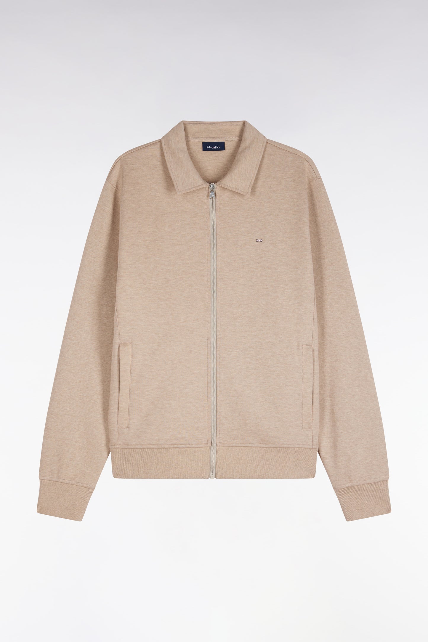 Sweatshirt zippé à col polo beige coupe droite