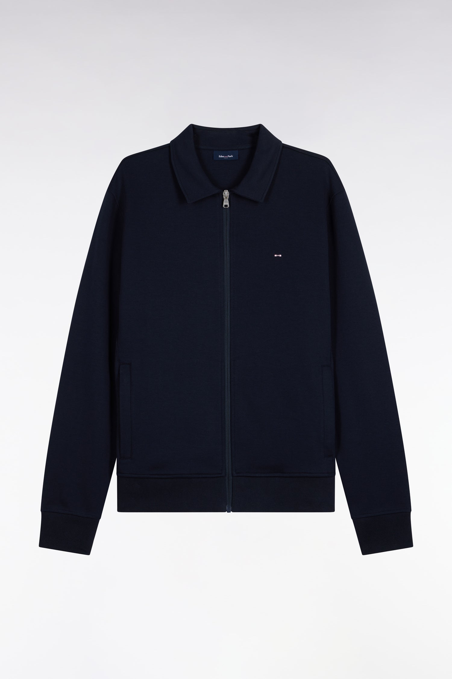 Sweatshirt zippé à col polo en coton marine coupe droite