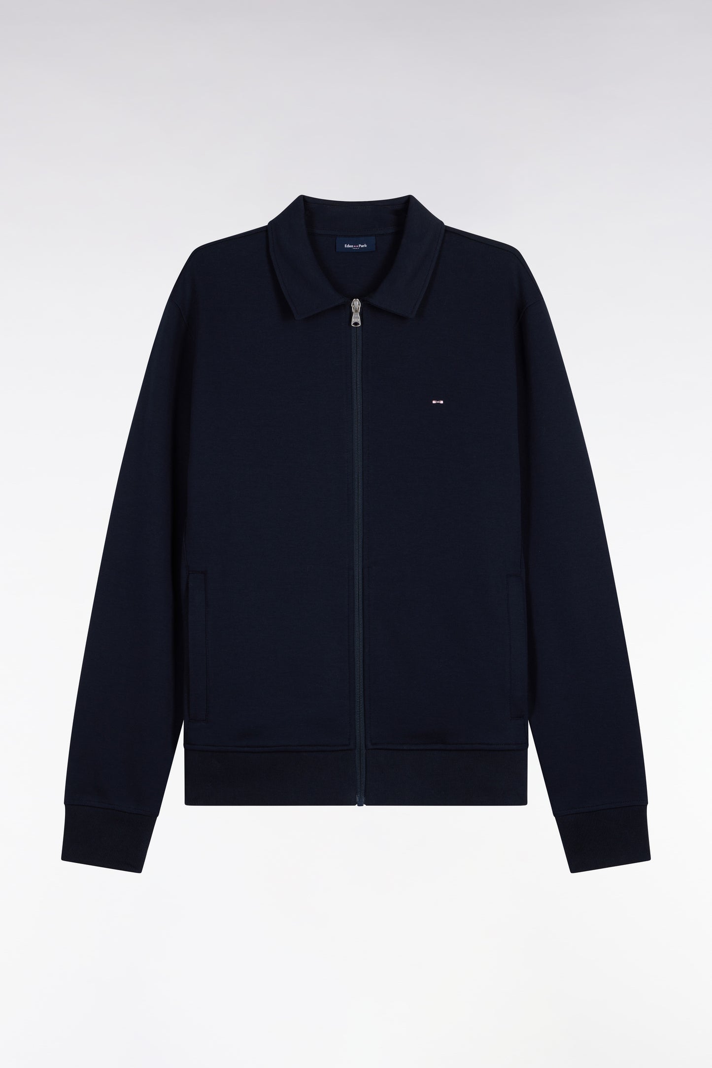Sweatshirt zippé à col polo en coton marine coupe droite