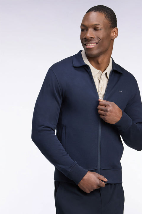Sweatshirt zippé à col polo en coton marine coupe droite - Image 1