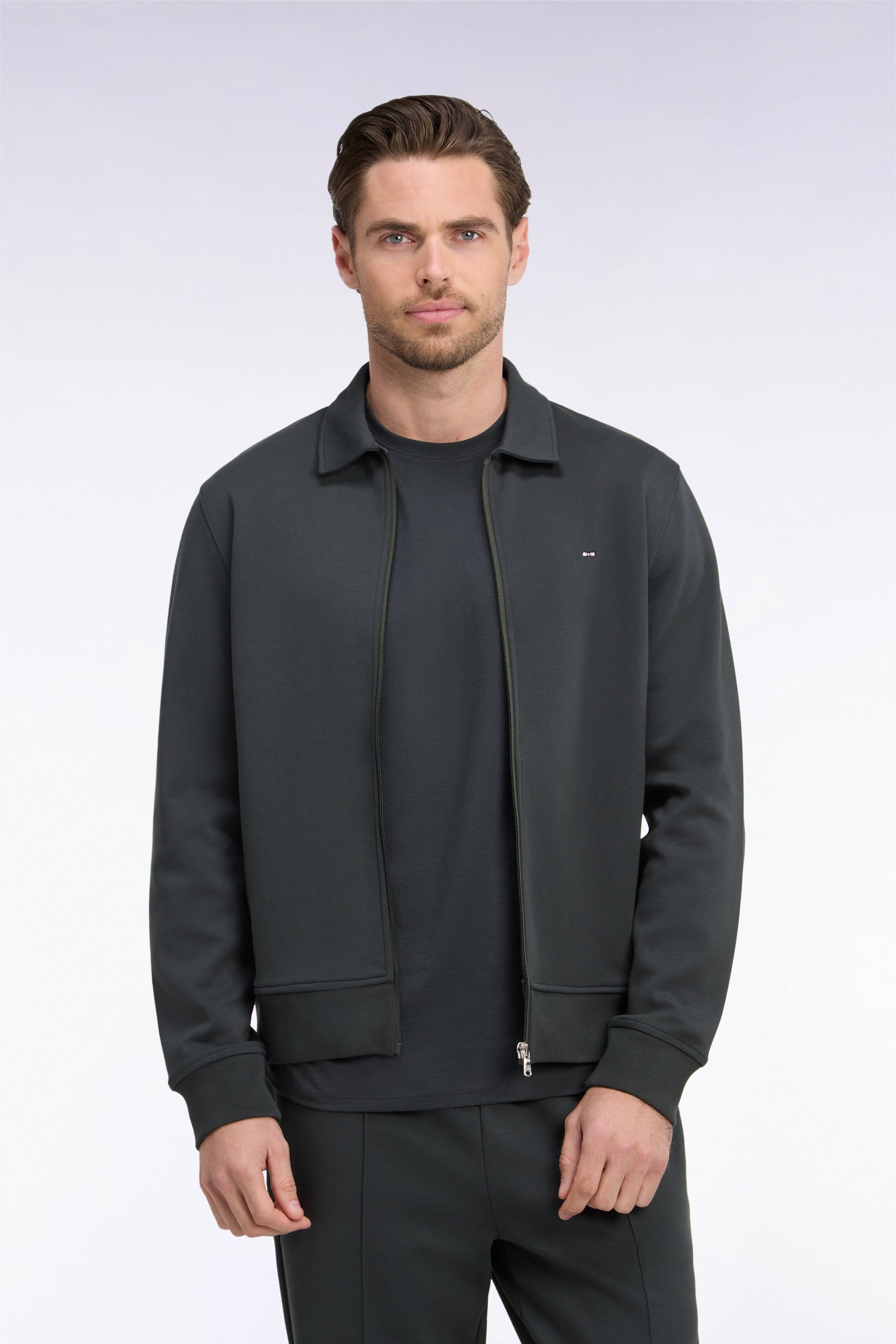 Sweatshirt mit Reißverschluss Polokragen aus Sweatstoff Khaki