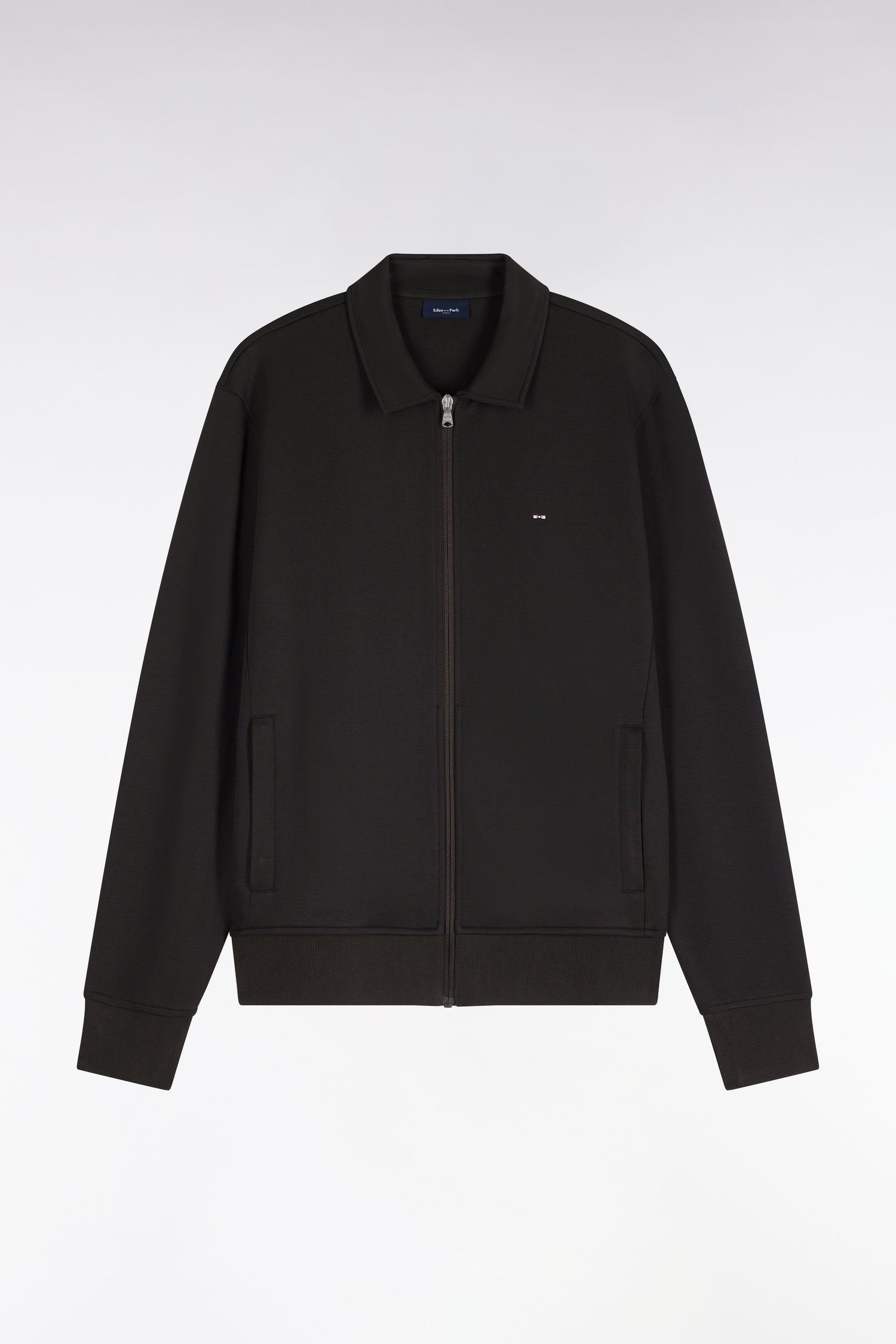 Sweatshirt zippé à col polo en coton marron coupe droite