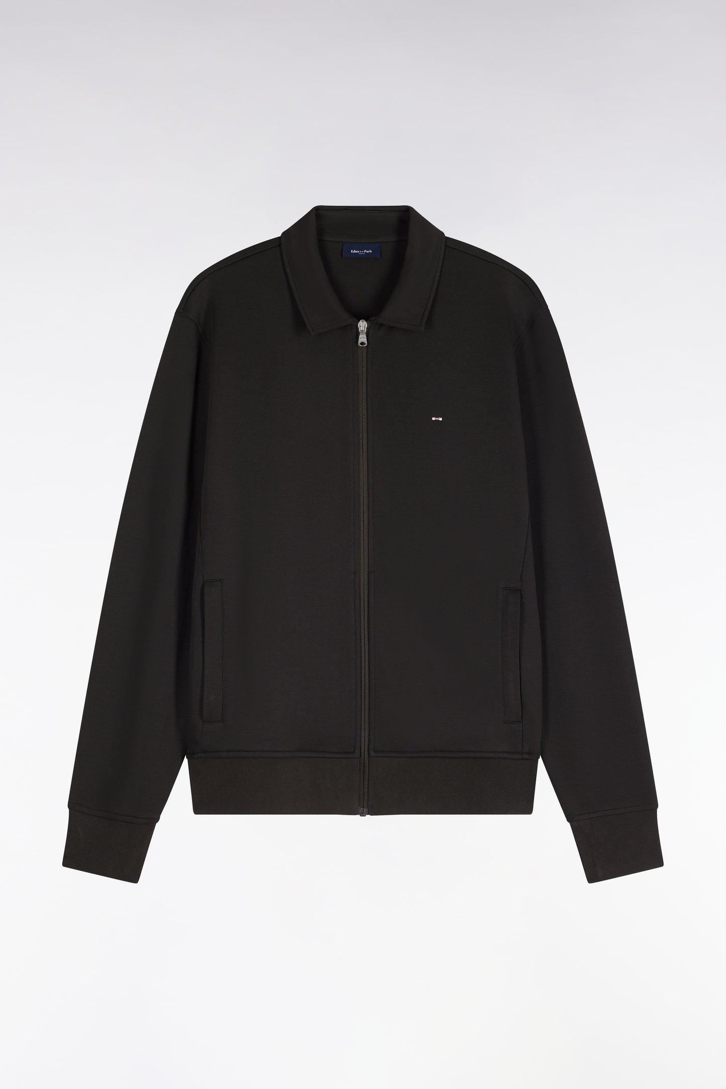 Sweatshirt zippé à col polo en coton marron coupe droite