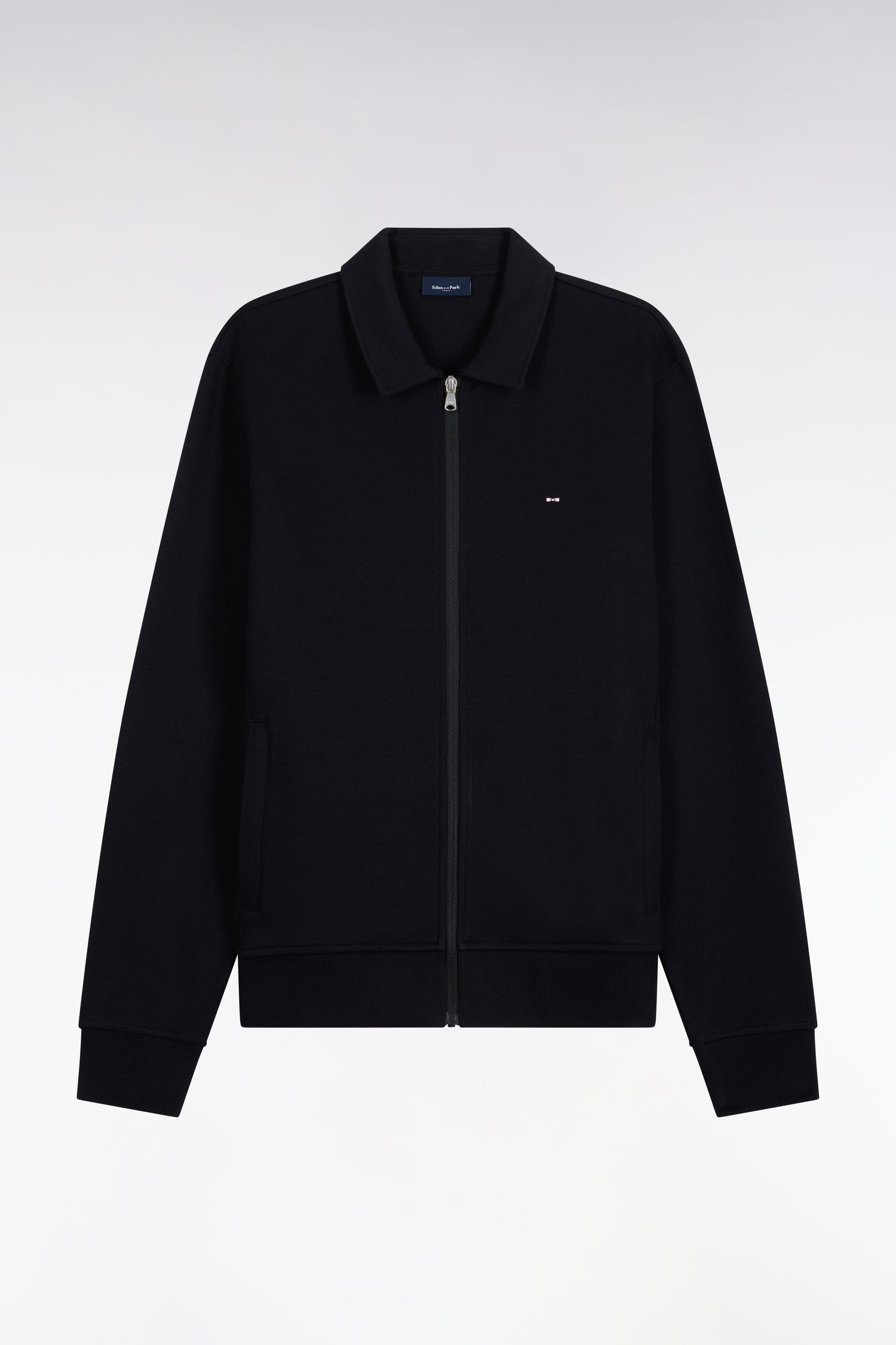 Sweatshirt zippé à col polo en coton noir coupe droite