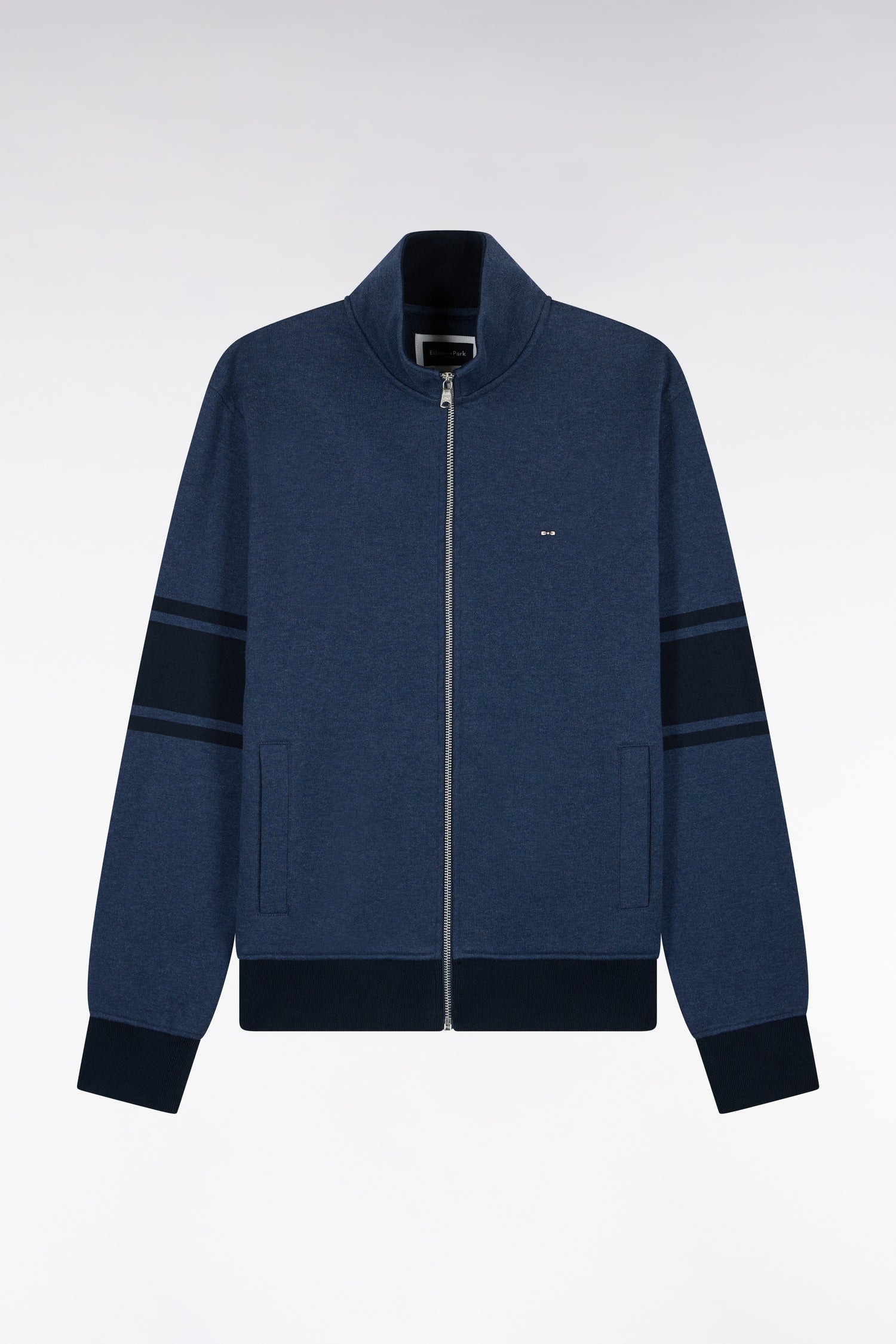 Sweatshirt zippé à col montant en molleton coton chiné coupe droite