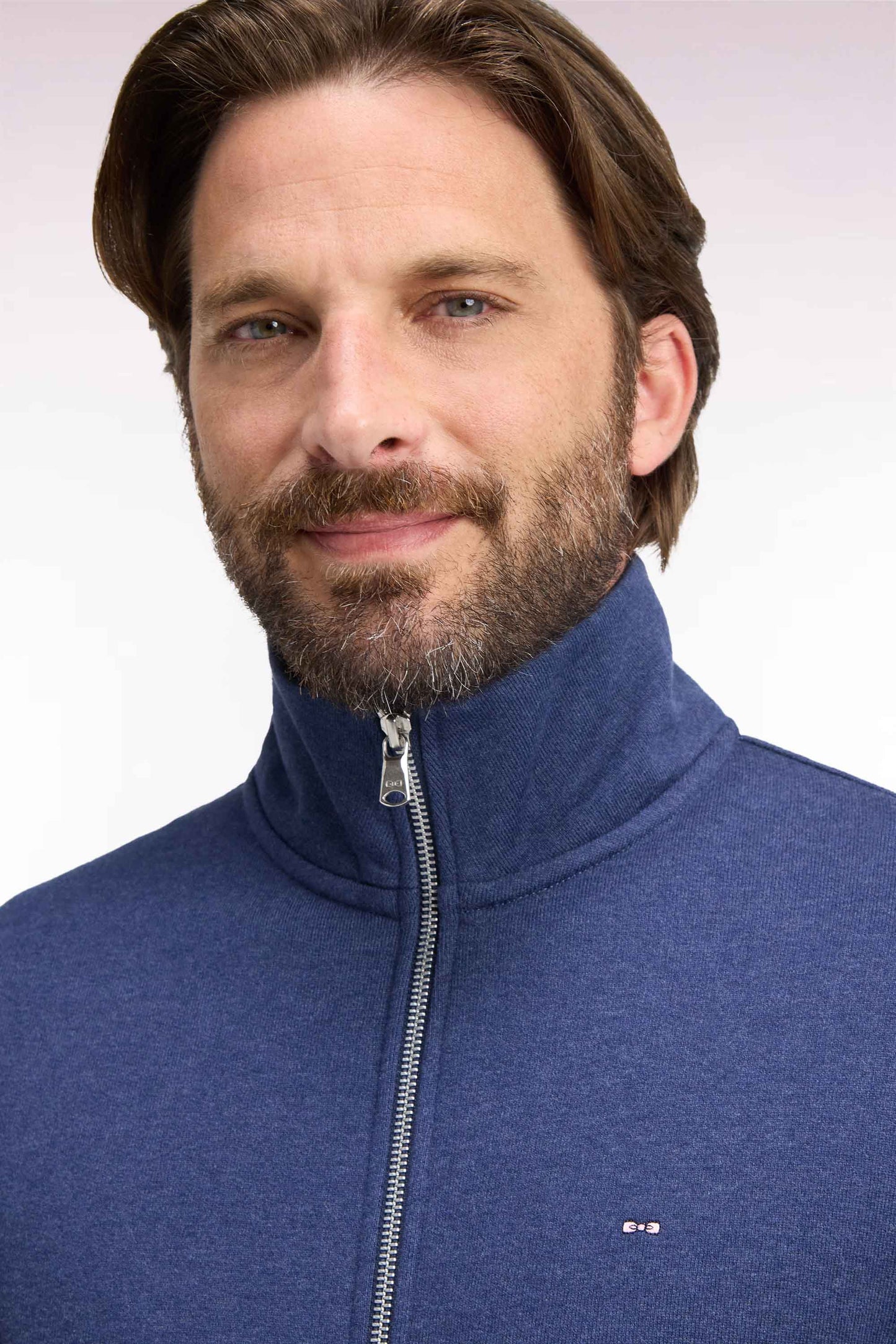Sweatshirt zippé à col montant en molleton coton chiné coupe droite