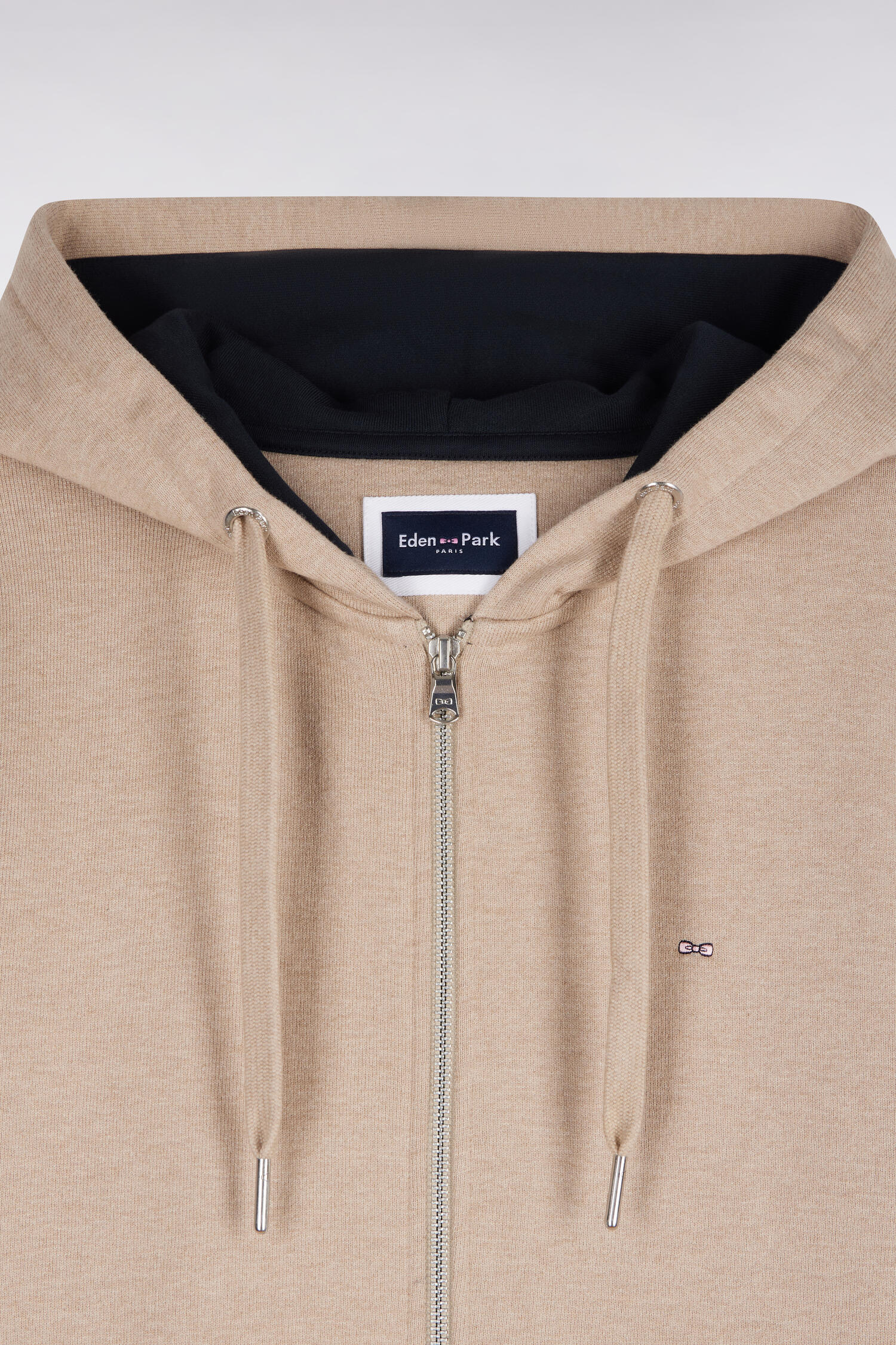 Sweatshirt à capuche zippé en molleton coton beige coupe droite