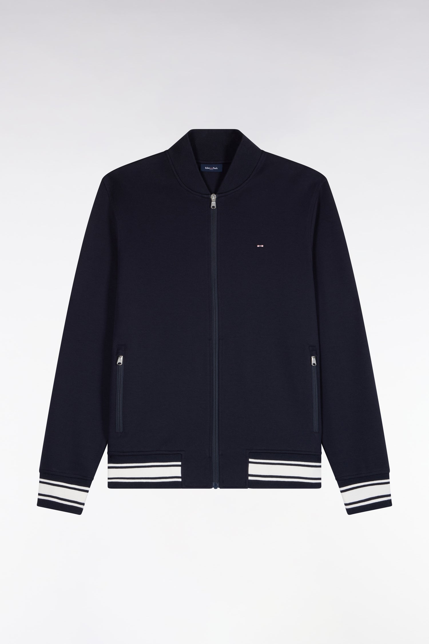 Sweatshirt zippé en interlock marine à bords-côtes Teddy coupe droite