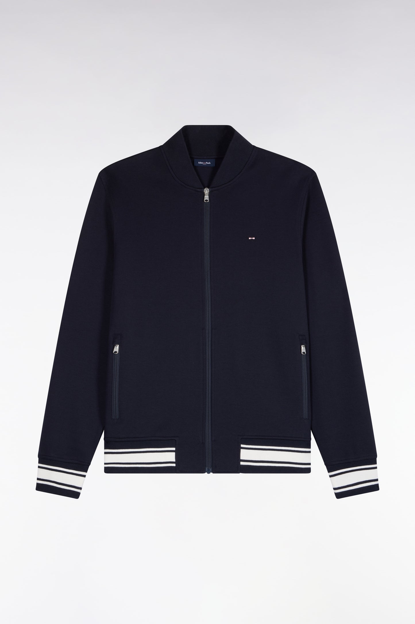 Sweatshirt zippé en interlock marine à bords-côtes Teddy coupe droite