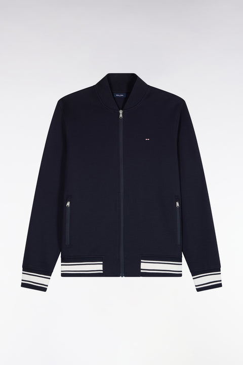 Sweatshirt zippé en interlock marine à bords-côtes Teddy coupe droite - Image 2