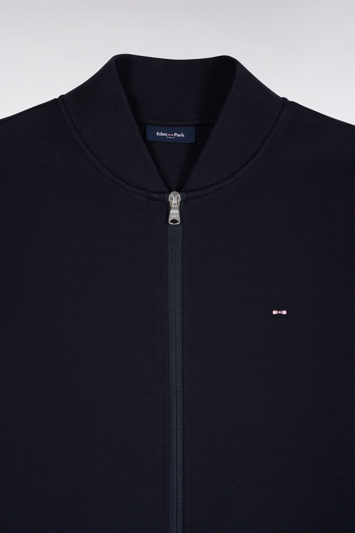 Sweatshirt zippé en interlock marine à bords-côtes Teddy coupe droite