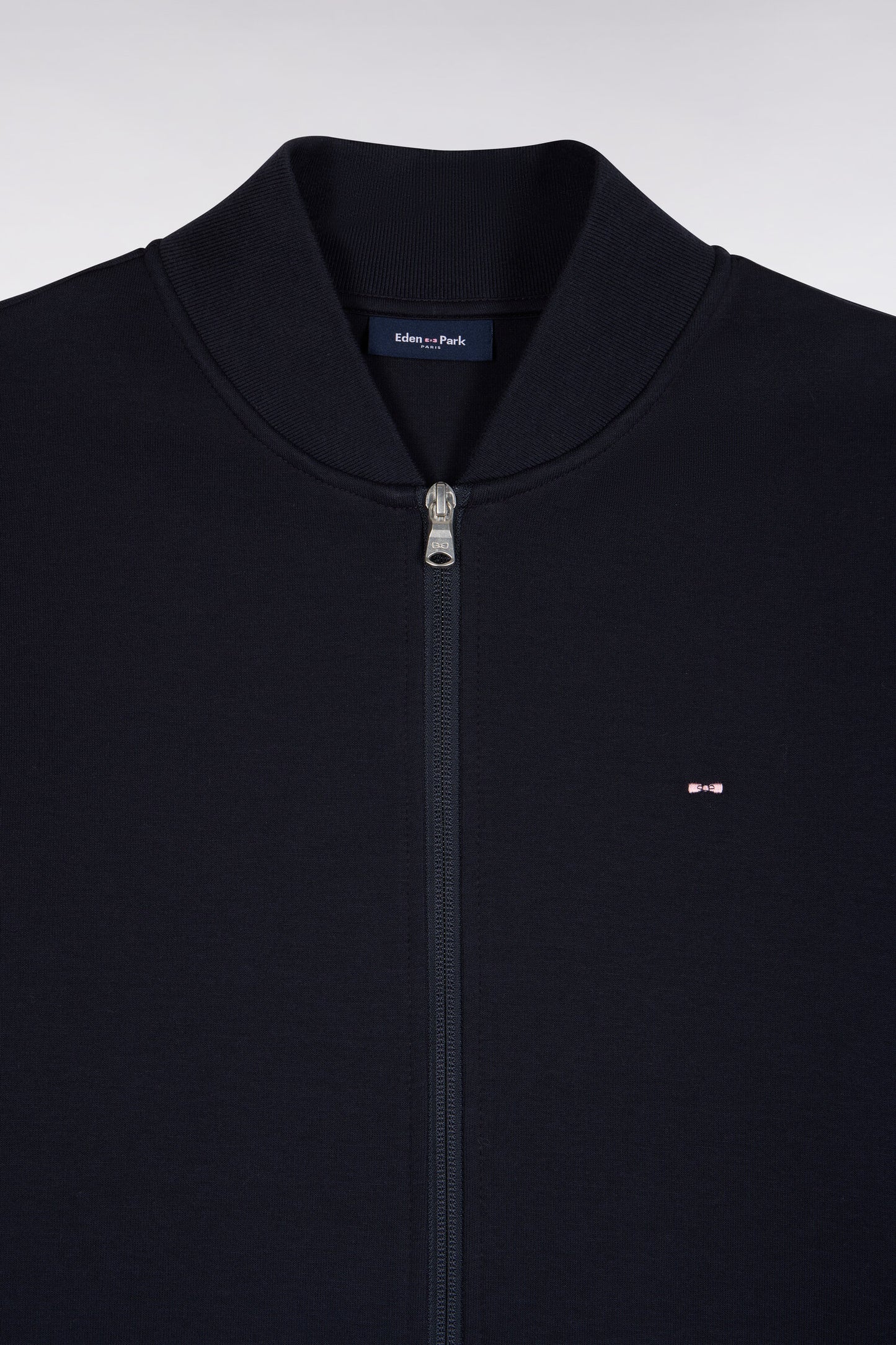 Sweatshirt zippé en interlock marine à bords-côtes Teddy coupe droite