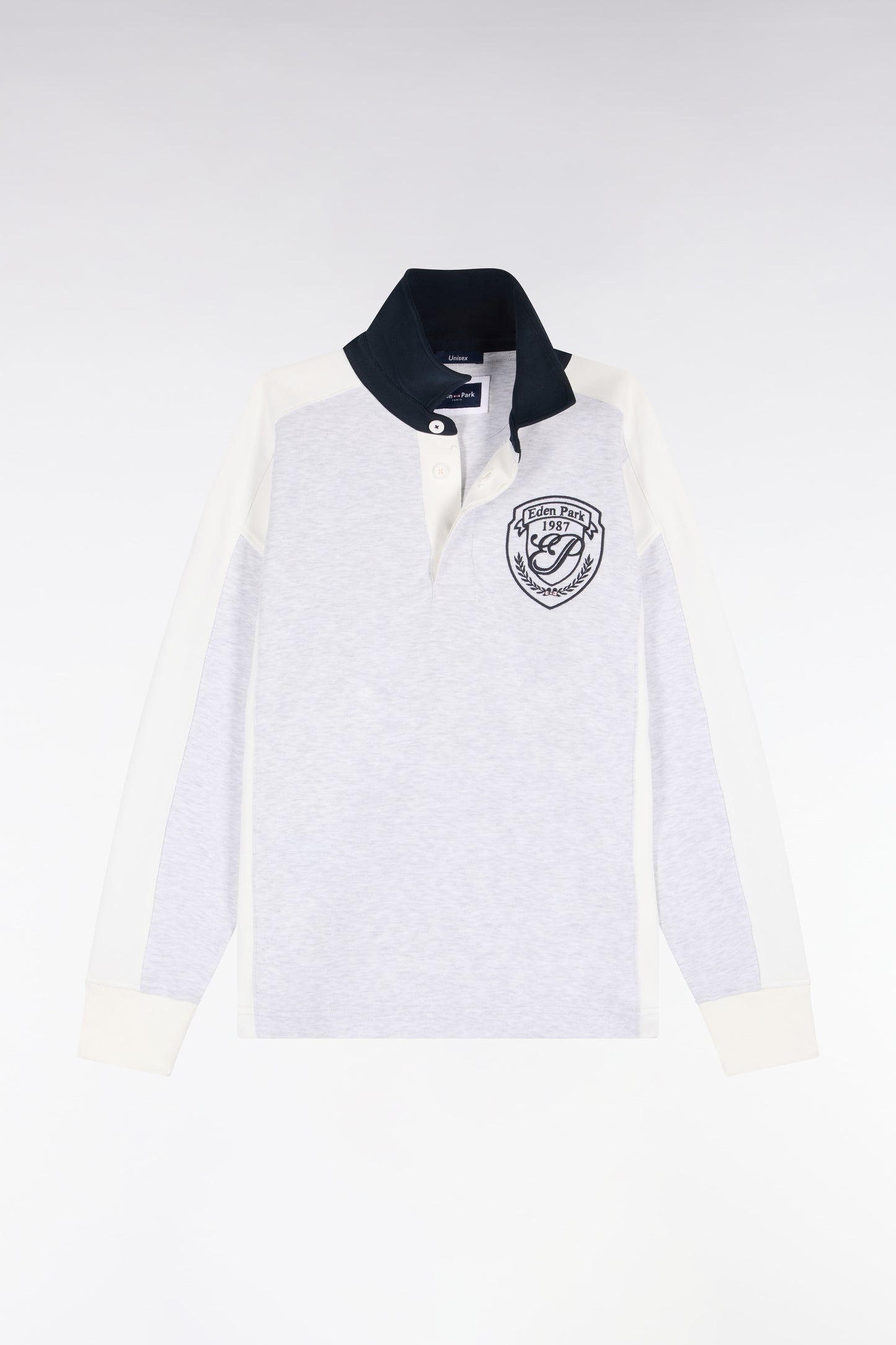 Sweatshirt unisexe à col maillot en interlock gris et découpes contrastées coupe loose