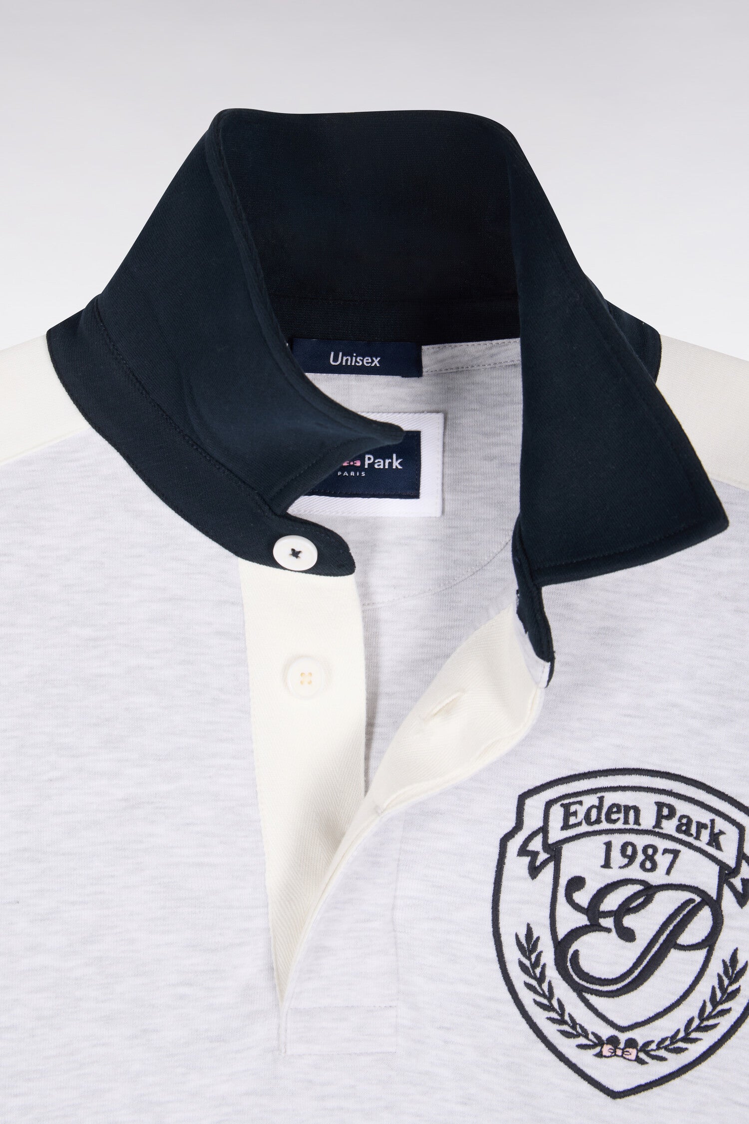 Sweatshirt unisexe à col maillot en interlock gris et découpes contrastées coupe loose
