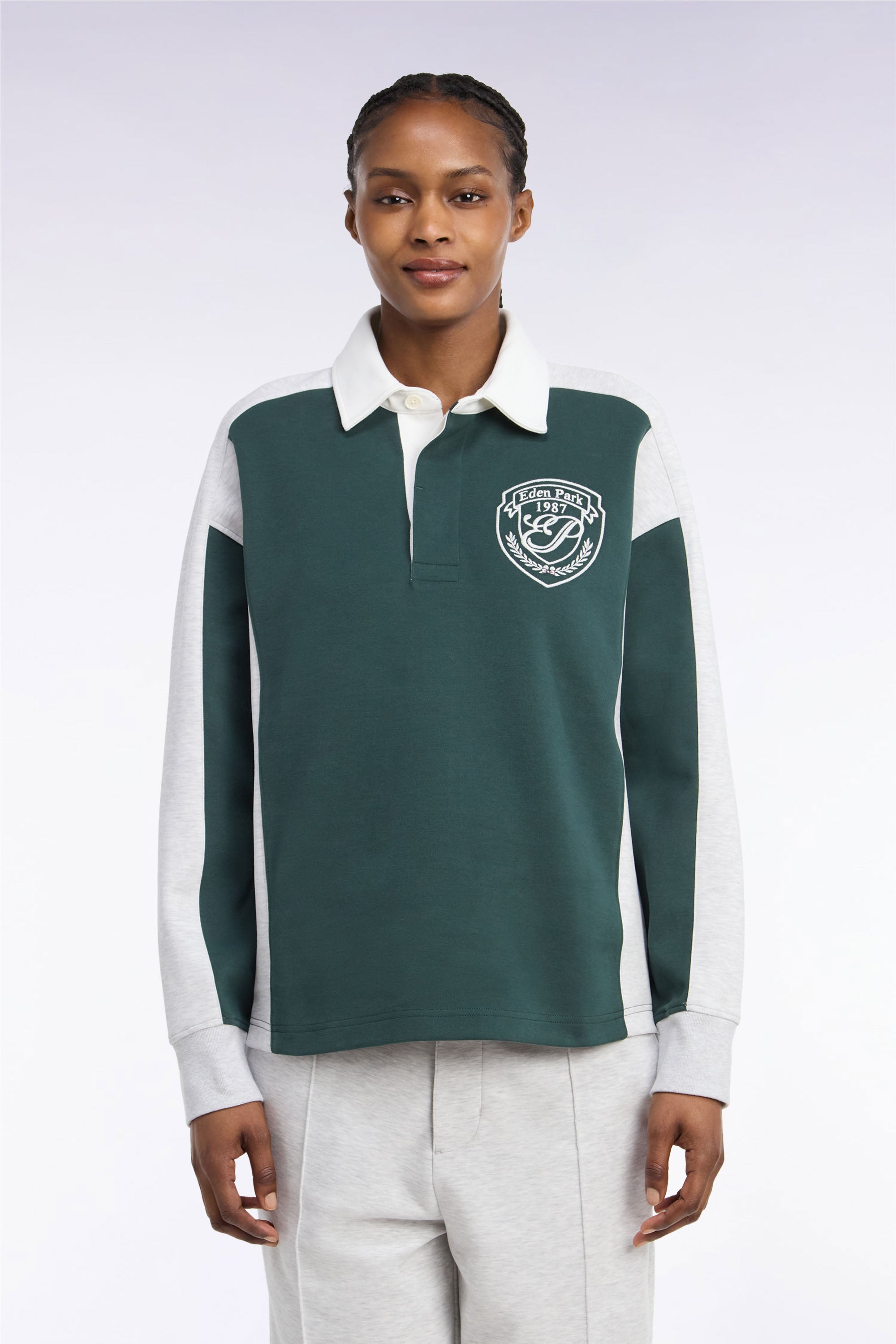 Sweatshirt unisexe à col maillot en interlock vert et découpes contrastées coupe loose