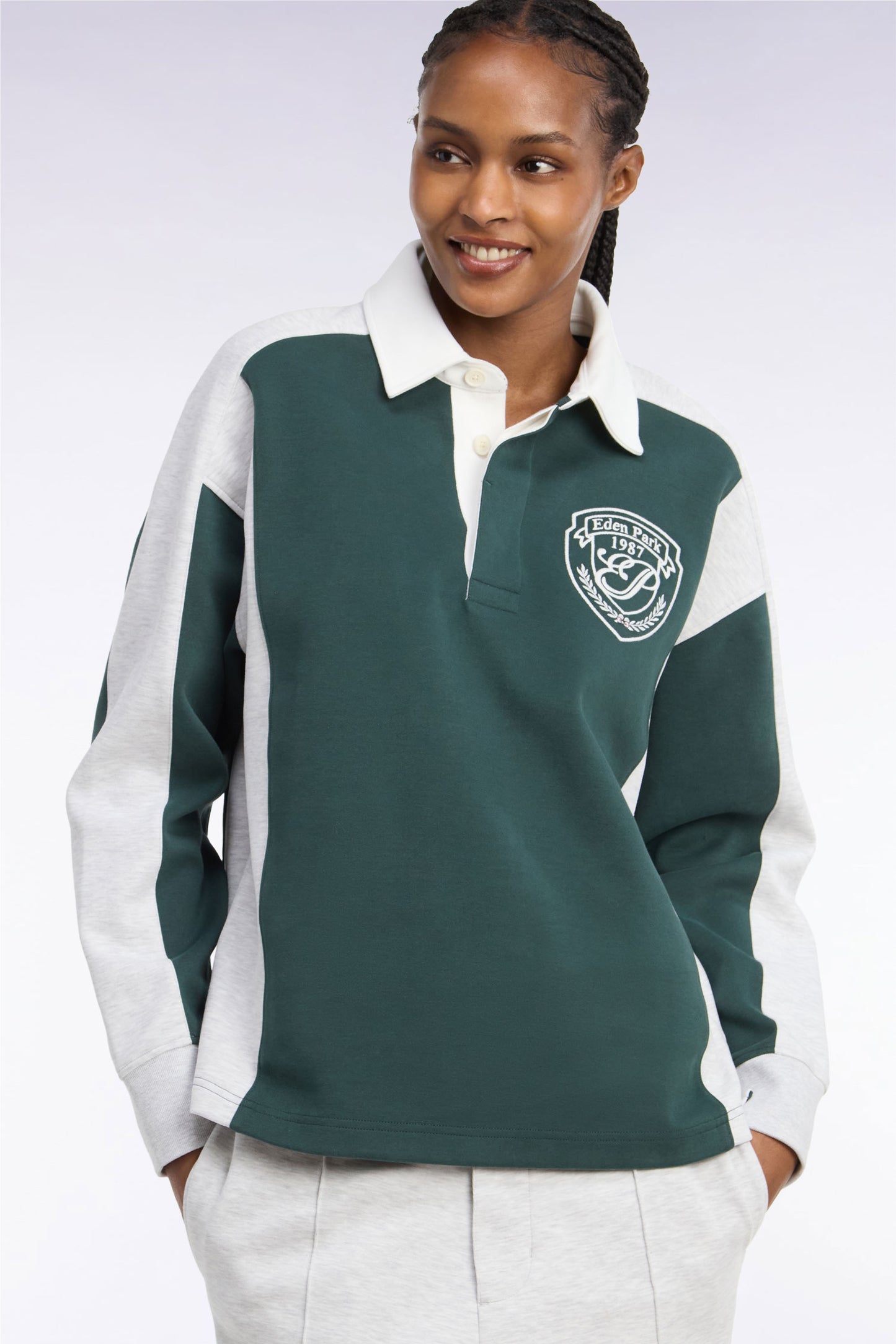 Sweatshirt unisexe à col maillot en interlock vert et découpes contrastées coupe loose