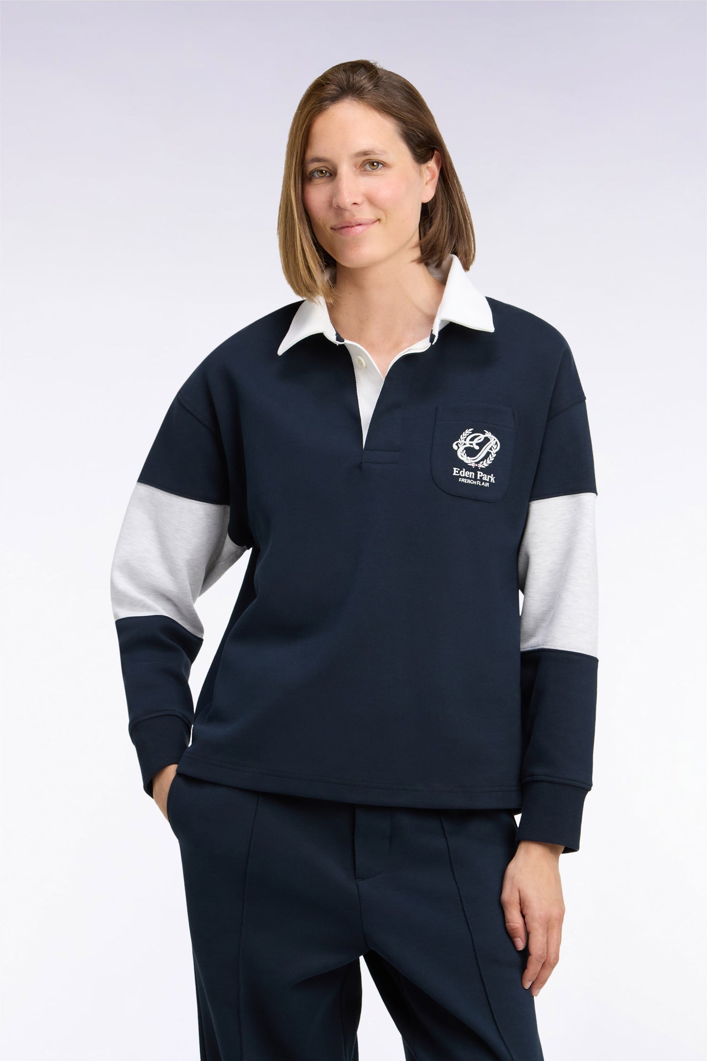 Sweatshirt unisexe à col maillot en interlock marine broderies héritage coupe loose
