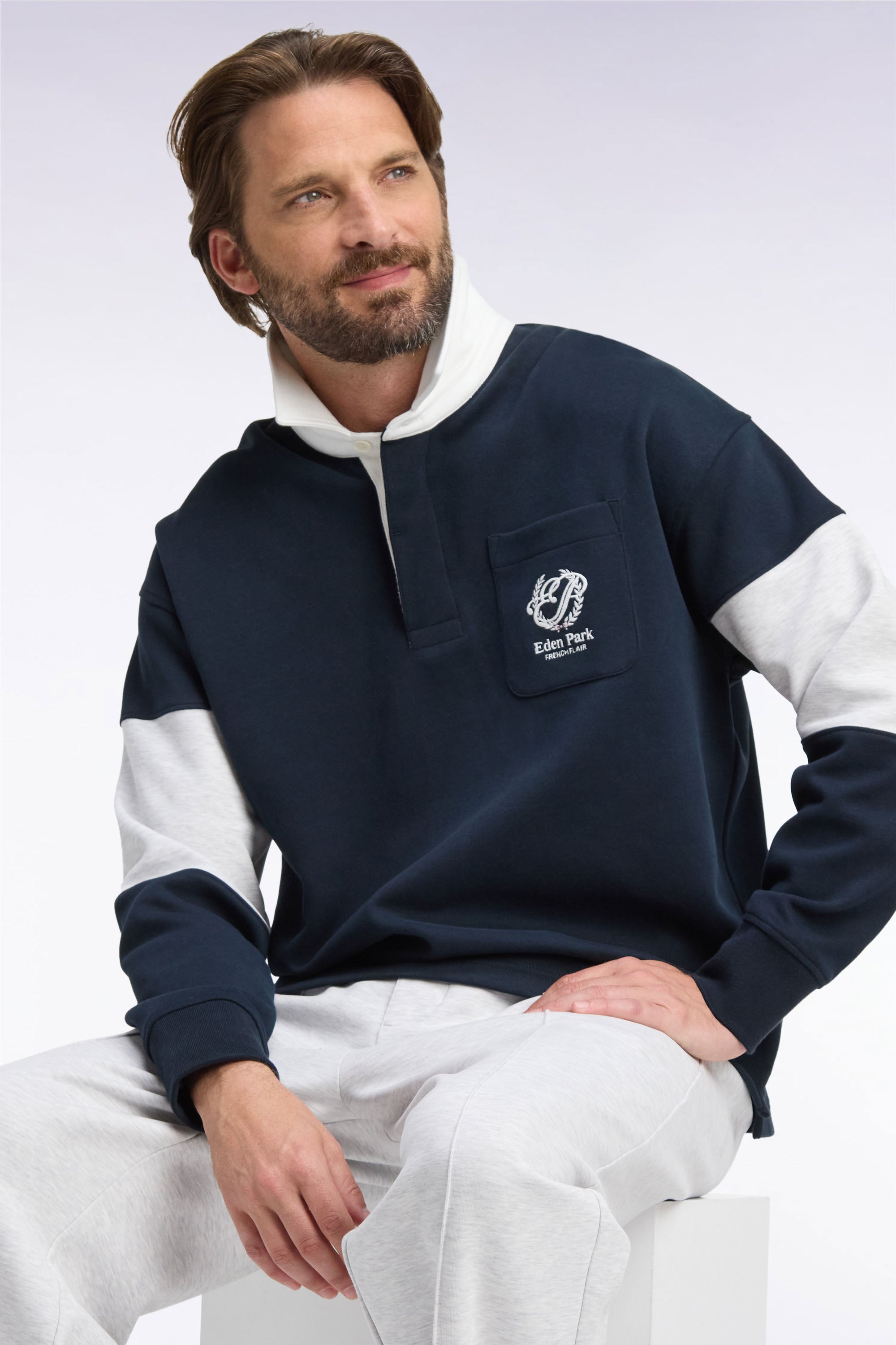 Sweatshirt unisexe à col maillot en interlock marine broderies héritage coupe loose