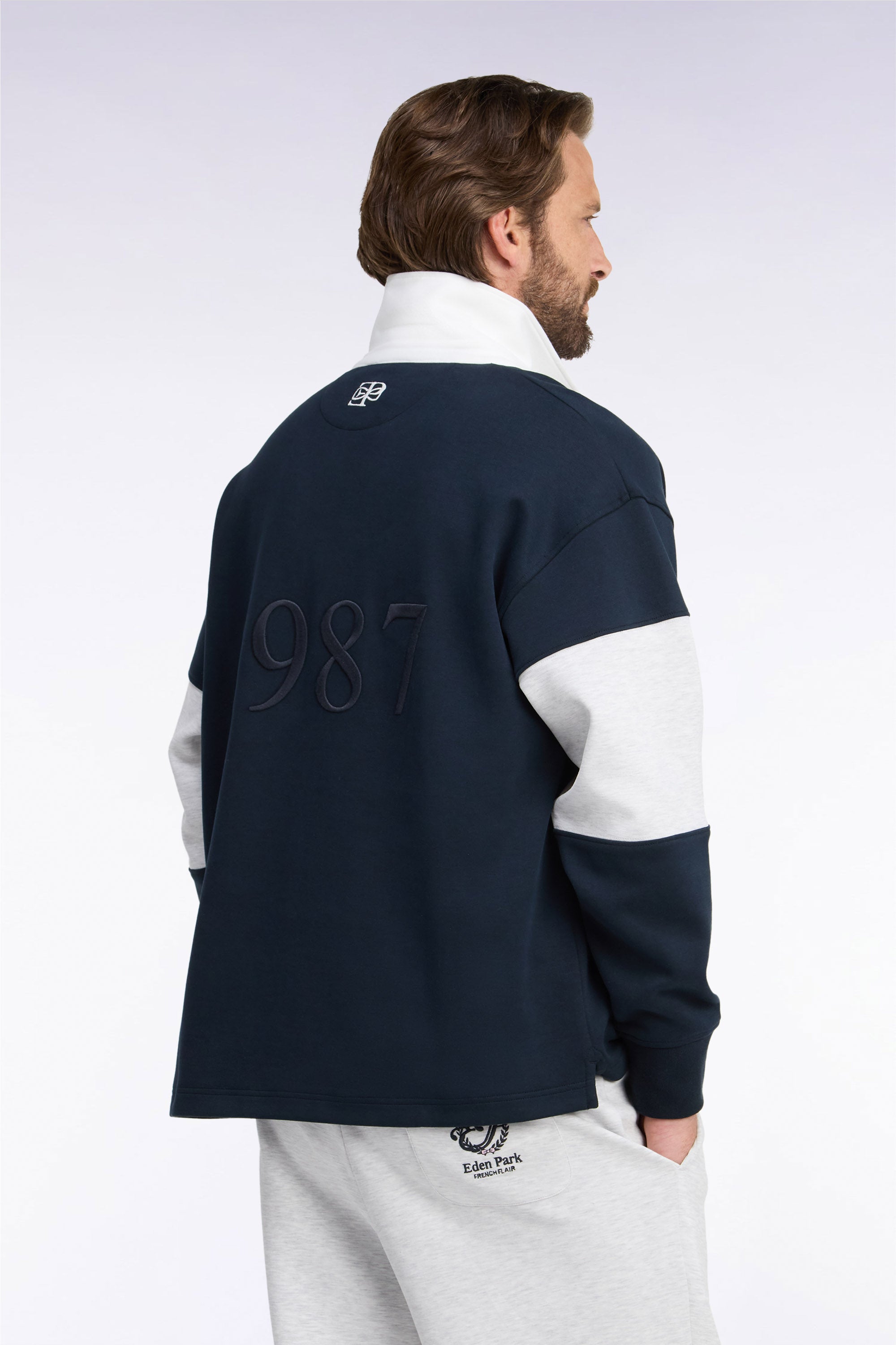 Sweatshirt unisexe à col maillot en interlock marine broderies héritage coupe loose