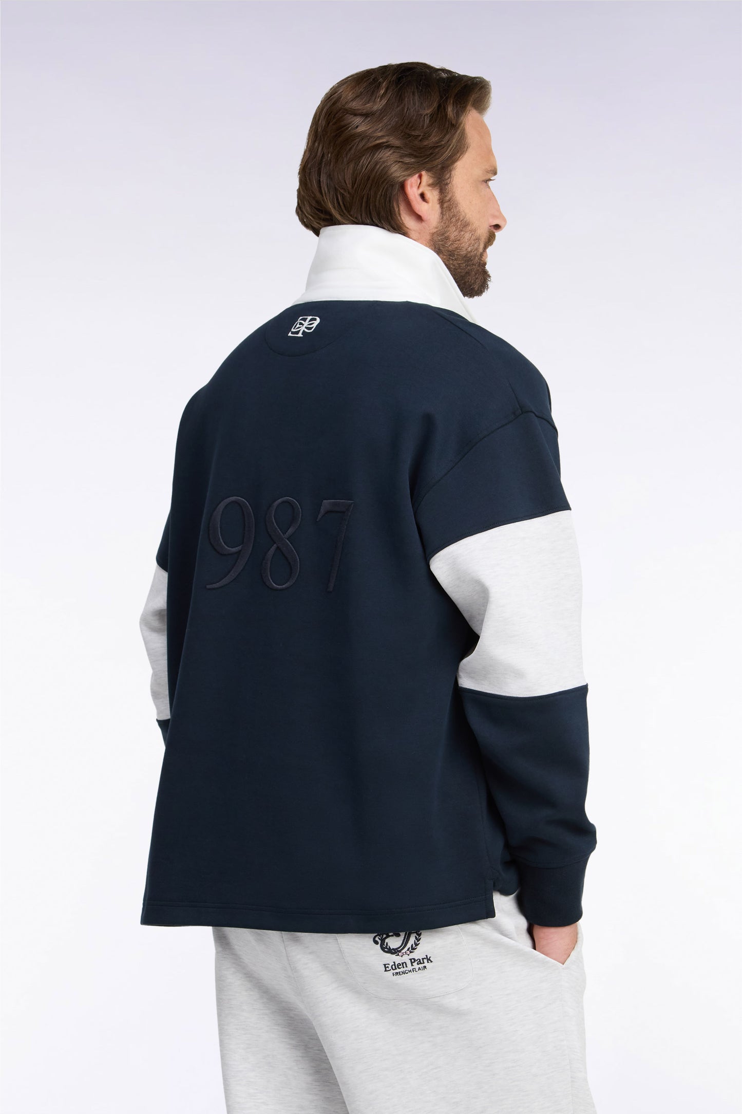 Sweatshirt unisexe à col maillot en interlock marine broderies héritage coupe loose