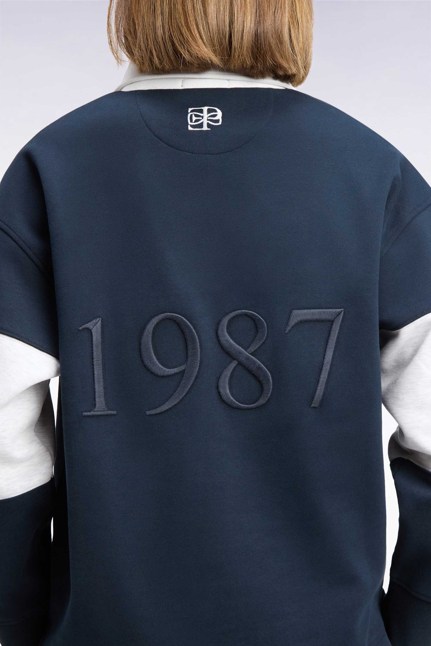 Sweatshirt unisexe à col maillot en interlock marine broderies héritage coupe loose
