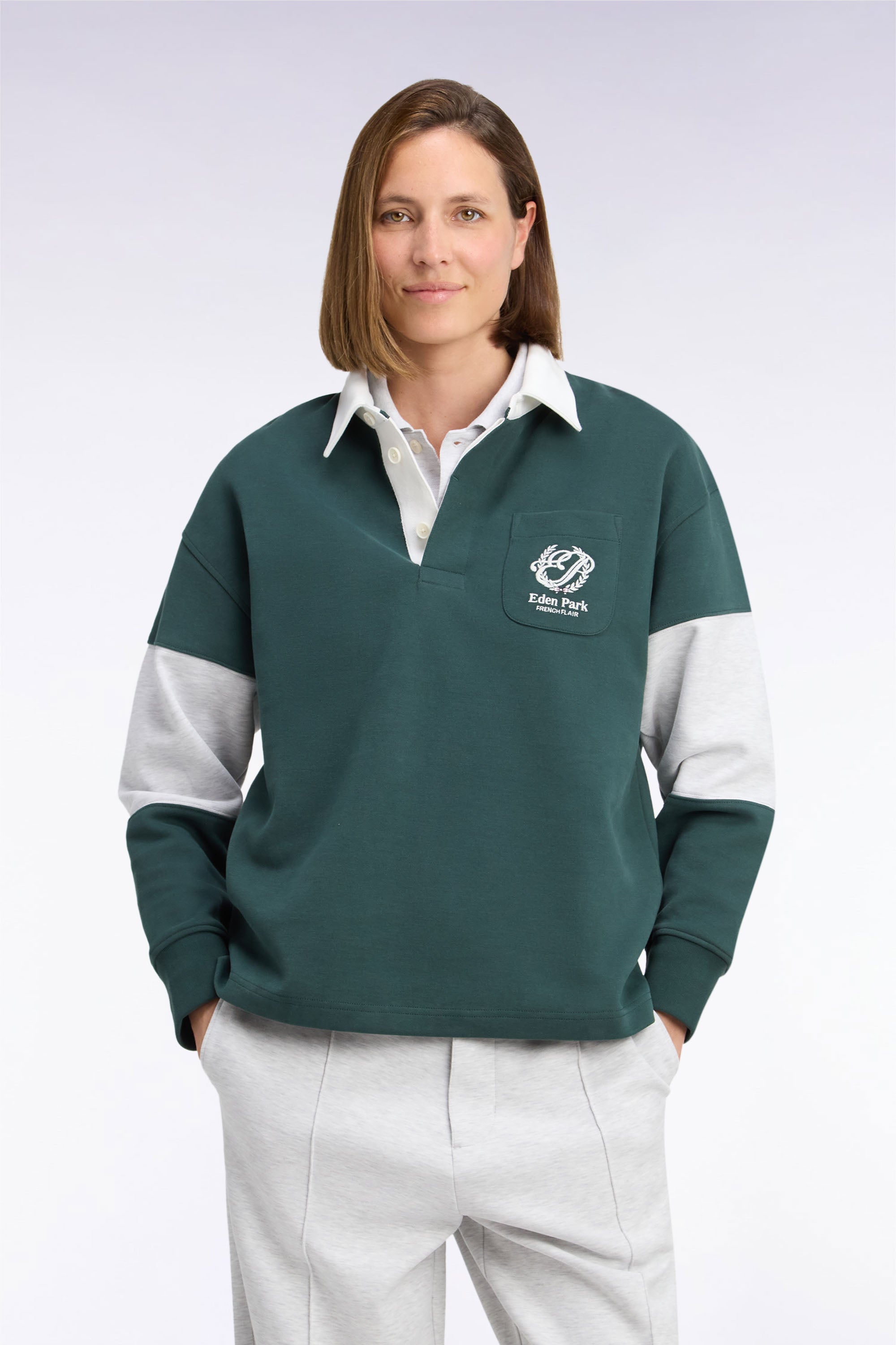 Sweatshirt unisexe à col maillot en interlock vert broderies héritage coupe loose