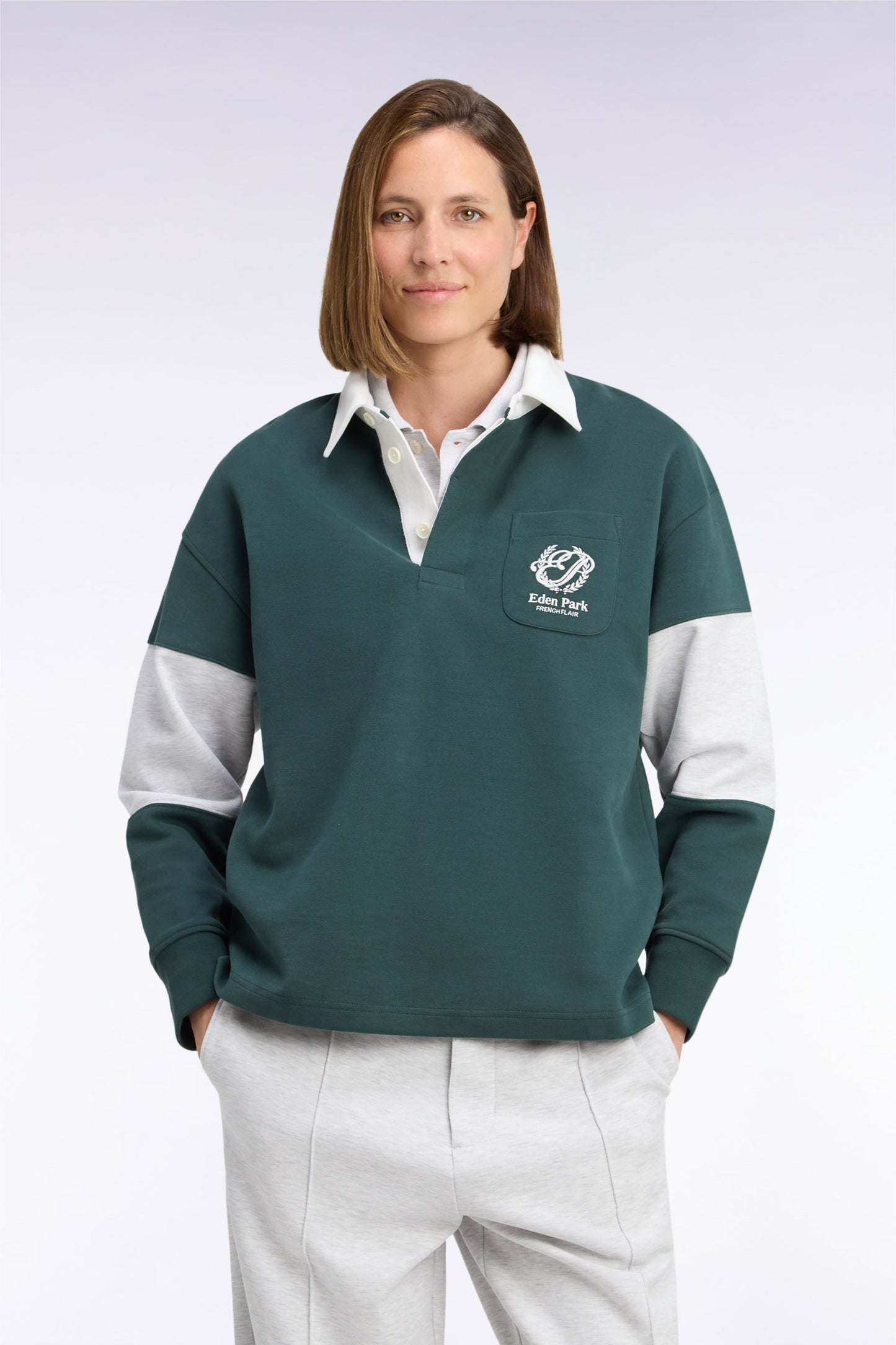 Sweatshirt unisexe à col maillot en interlock vert broderies héritage coupe loose