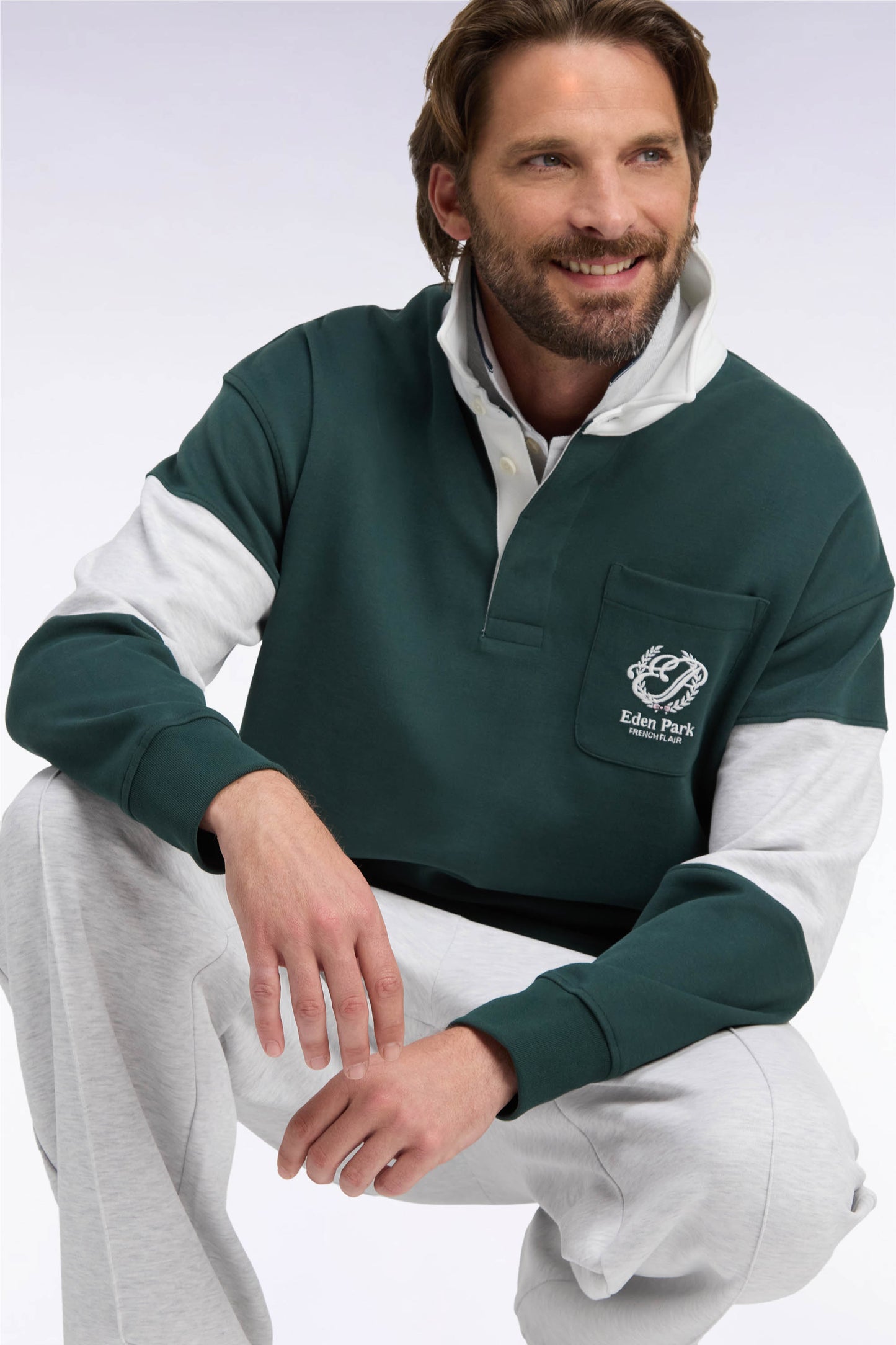 Sweatshirt unisexe à col maillot en interlock vert broderies héritage coupe loose