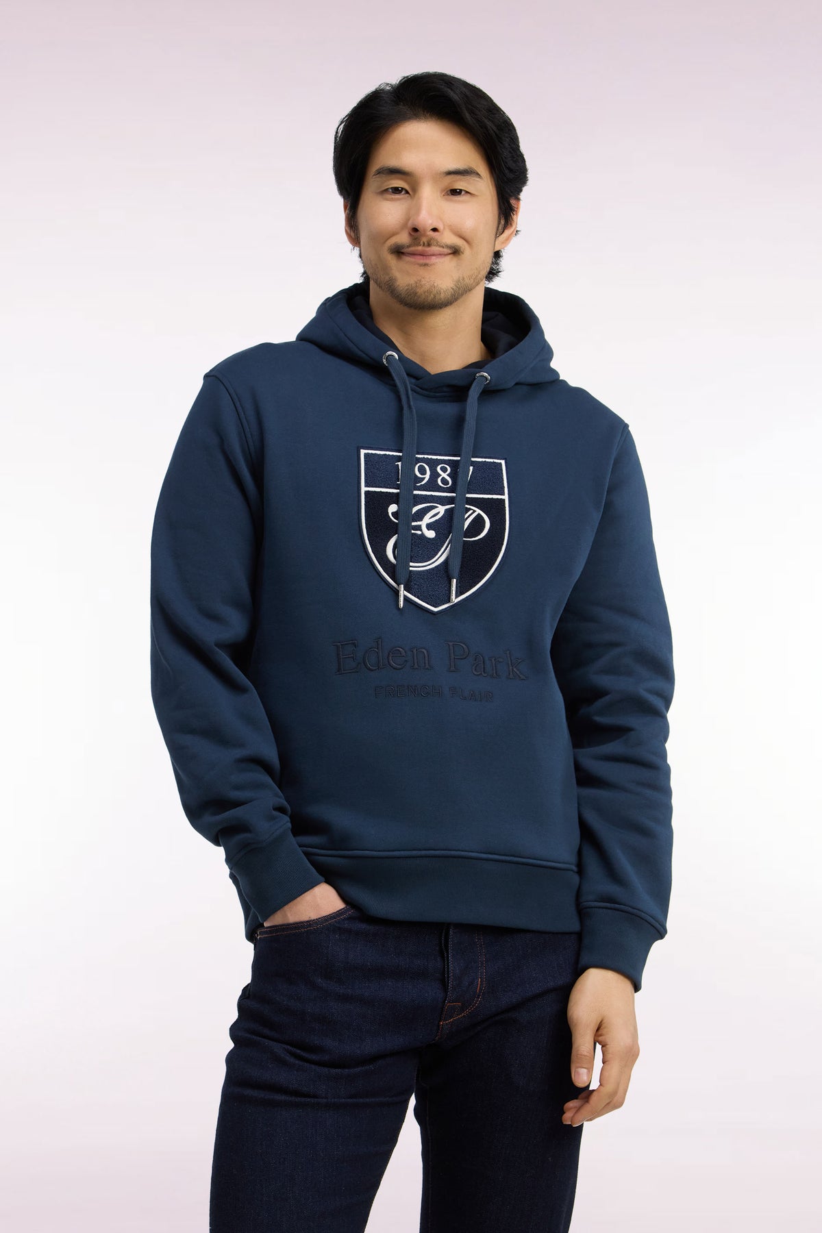 Sweatshirt à capuche en molleton coton gris broderie héritage coupe droite
