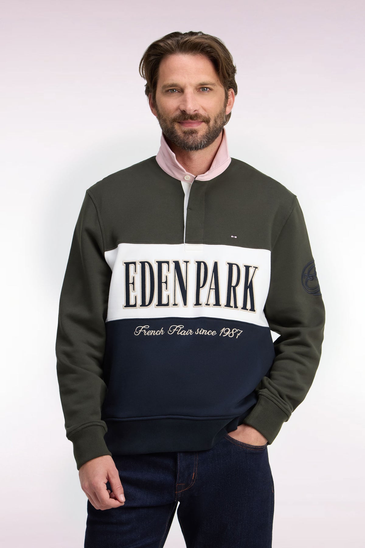 Sweatshirt zippé à col polo kaki coupe droite