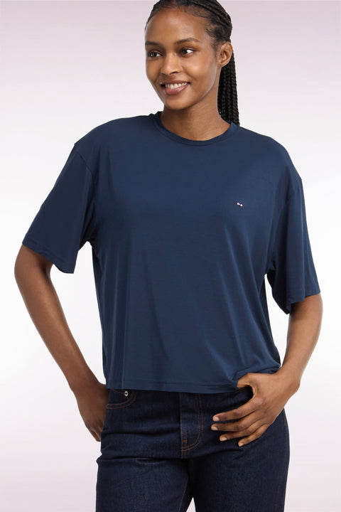 T-shirt manches courtes en modal stretch marine coupe ample - Image 1
