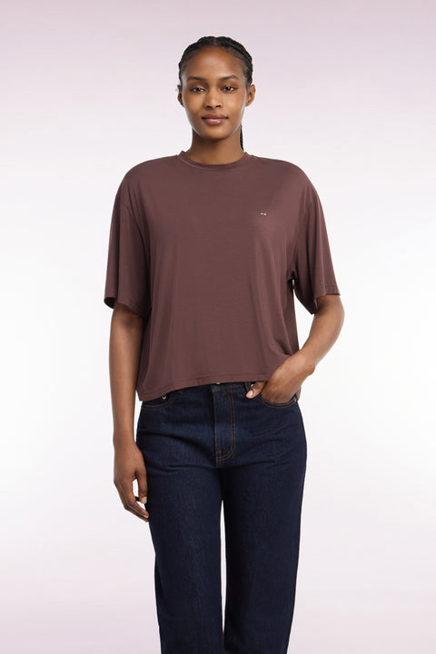 T-shirt manches courtes en modal stretch marron coupe ample - Image 3