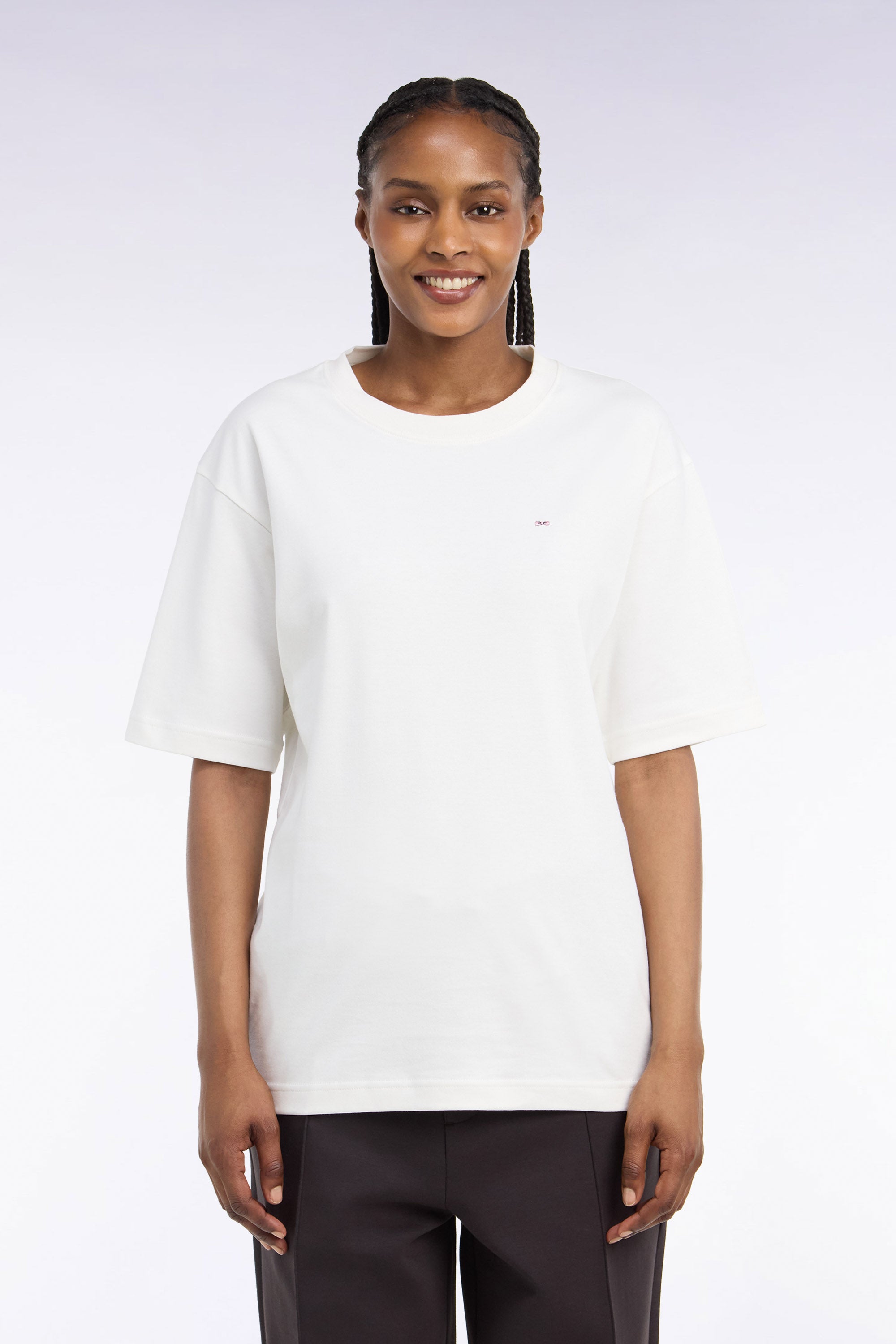 T-shirt col rond unisexe à manches courtes en coton mercerisé écru coupe loose