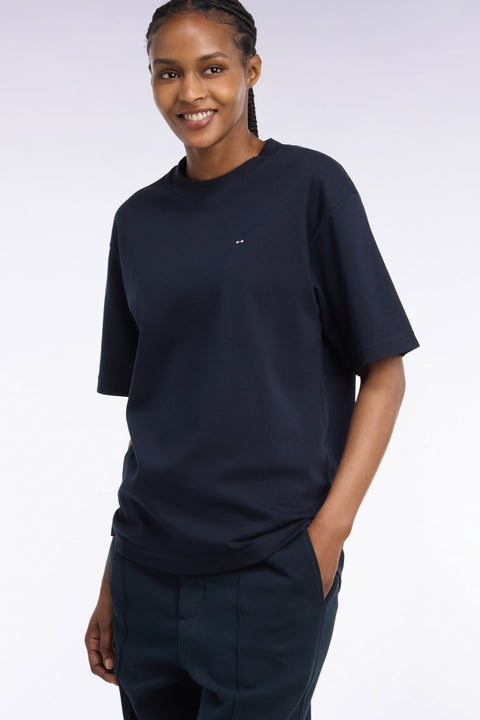 T-shirt col rond unisexe à manches courtes en coton mercerisé marine coupe loose - Image 1