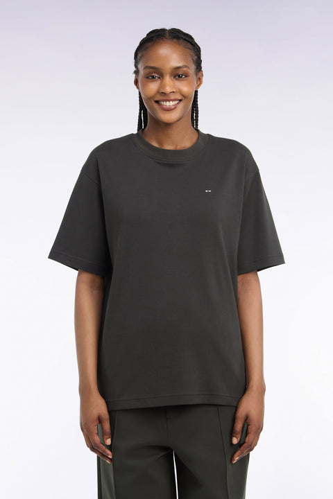 T-shirt col rond unisexe à manches courtes en coton mercerisé kaki coupe loose - Image 3