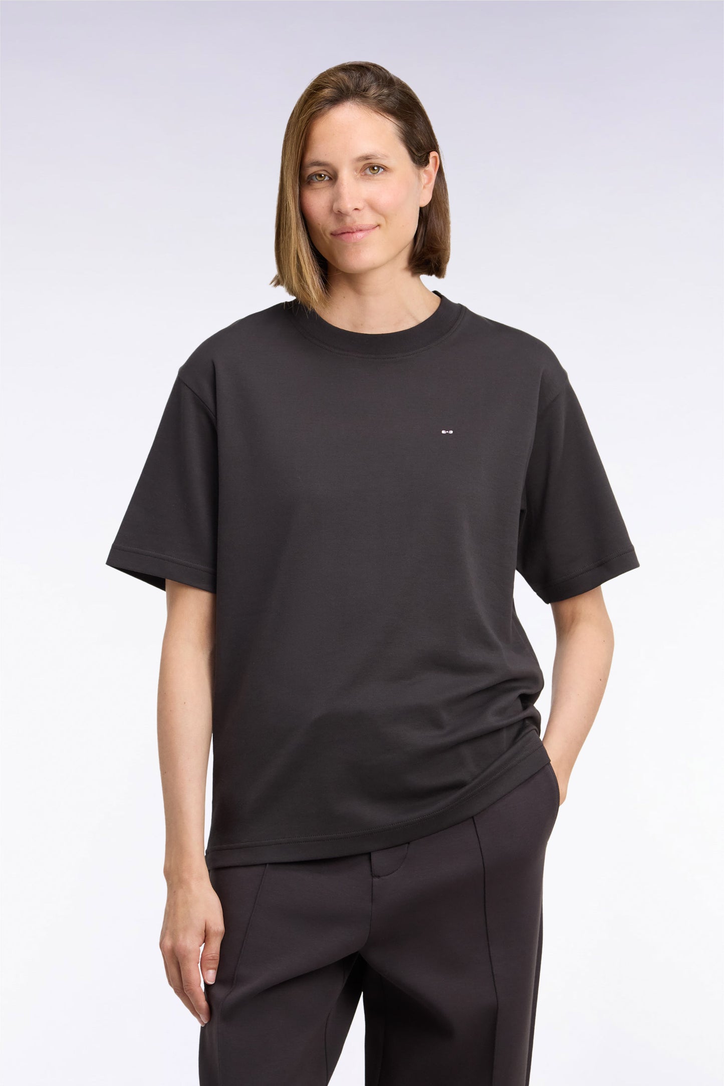 T-shirt col rond unisexe à manches courtes en coton mercerisé marron coupe loose