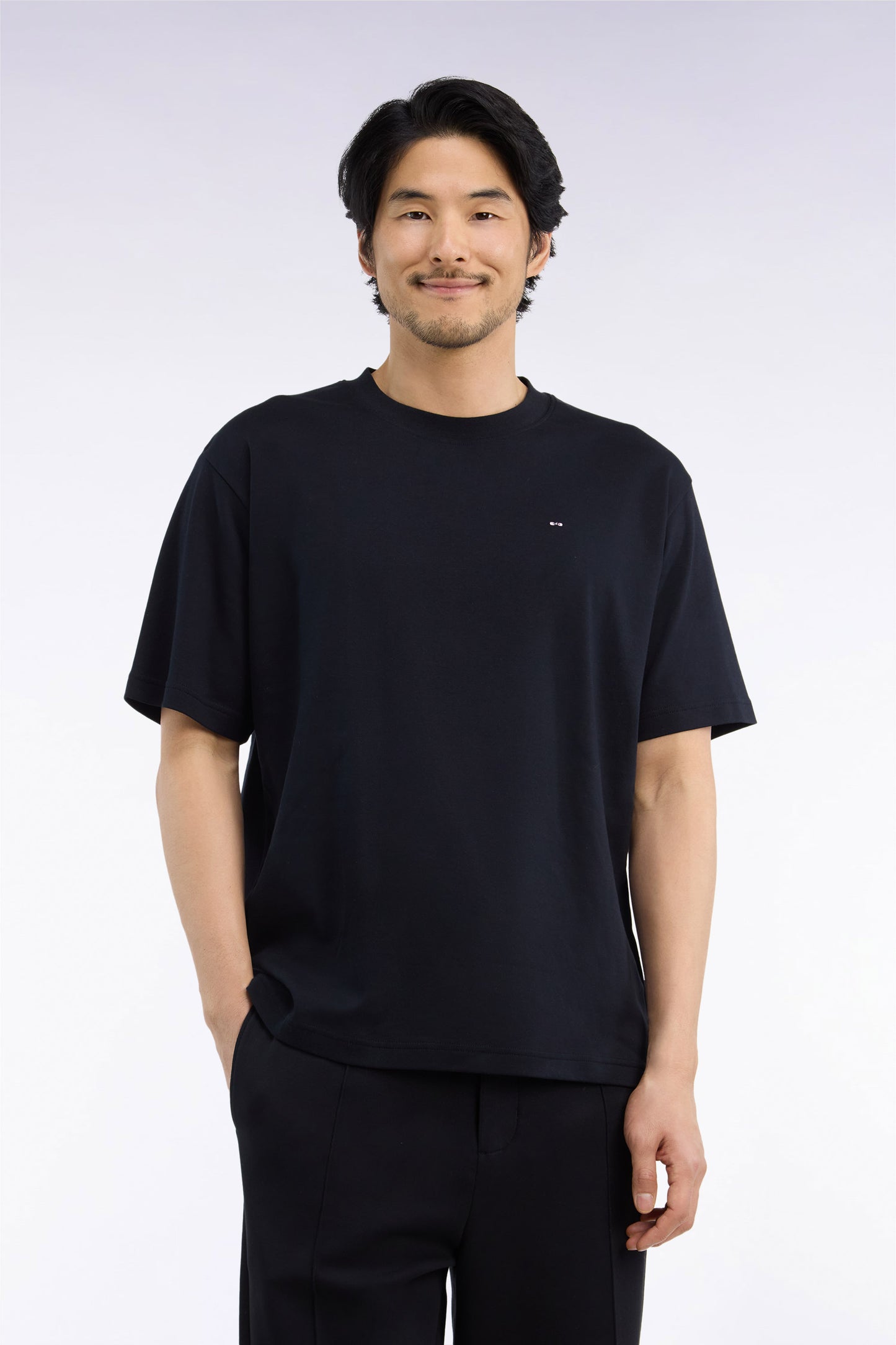 T-shirt col rond unisexe à manches courtes en coton mercerisé noir coupe loose
